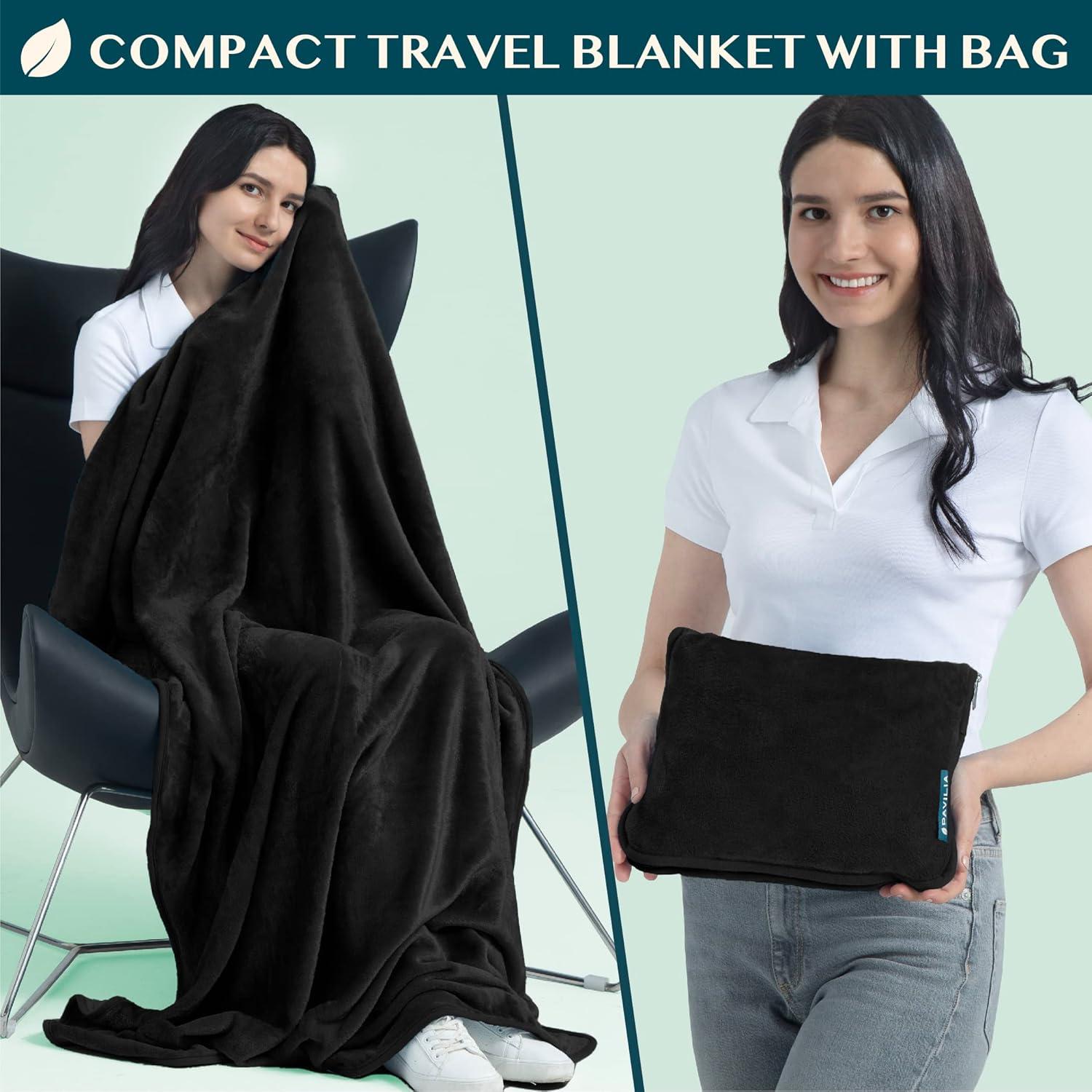 PAVILIA Travel Blanket and Pillow, Warm Soft Fleece 2-IN-1 Combo Large Compact Set for Airplane Camping Car Trips (Black, 60 x 43 inches)