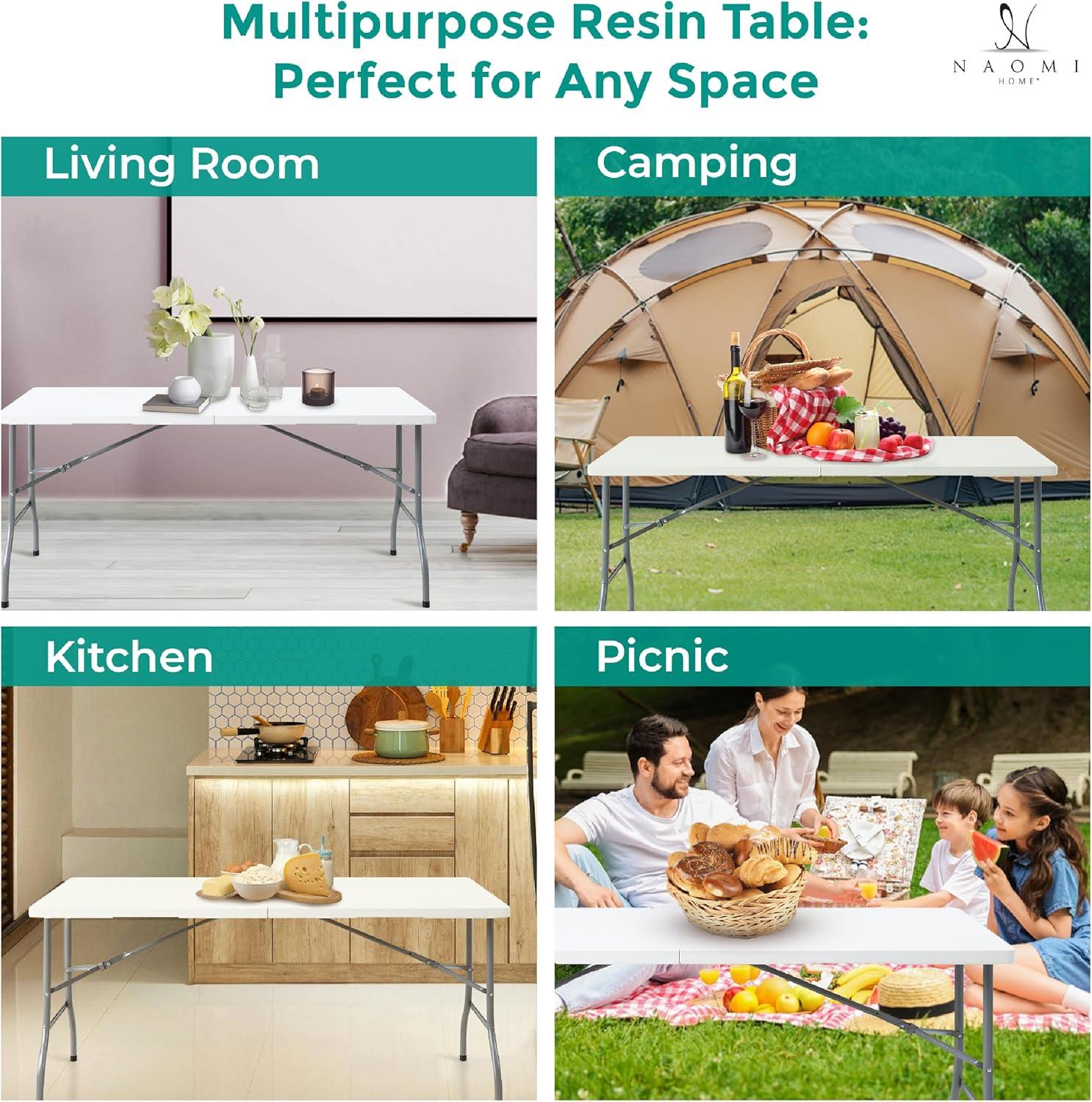 6ft Folding Table Multipurpose Foldable Dinner Table Portable Folding Rectangular Resin Table for Outdoor Camping Picnic Party by Naomi Home - White