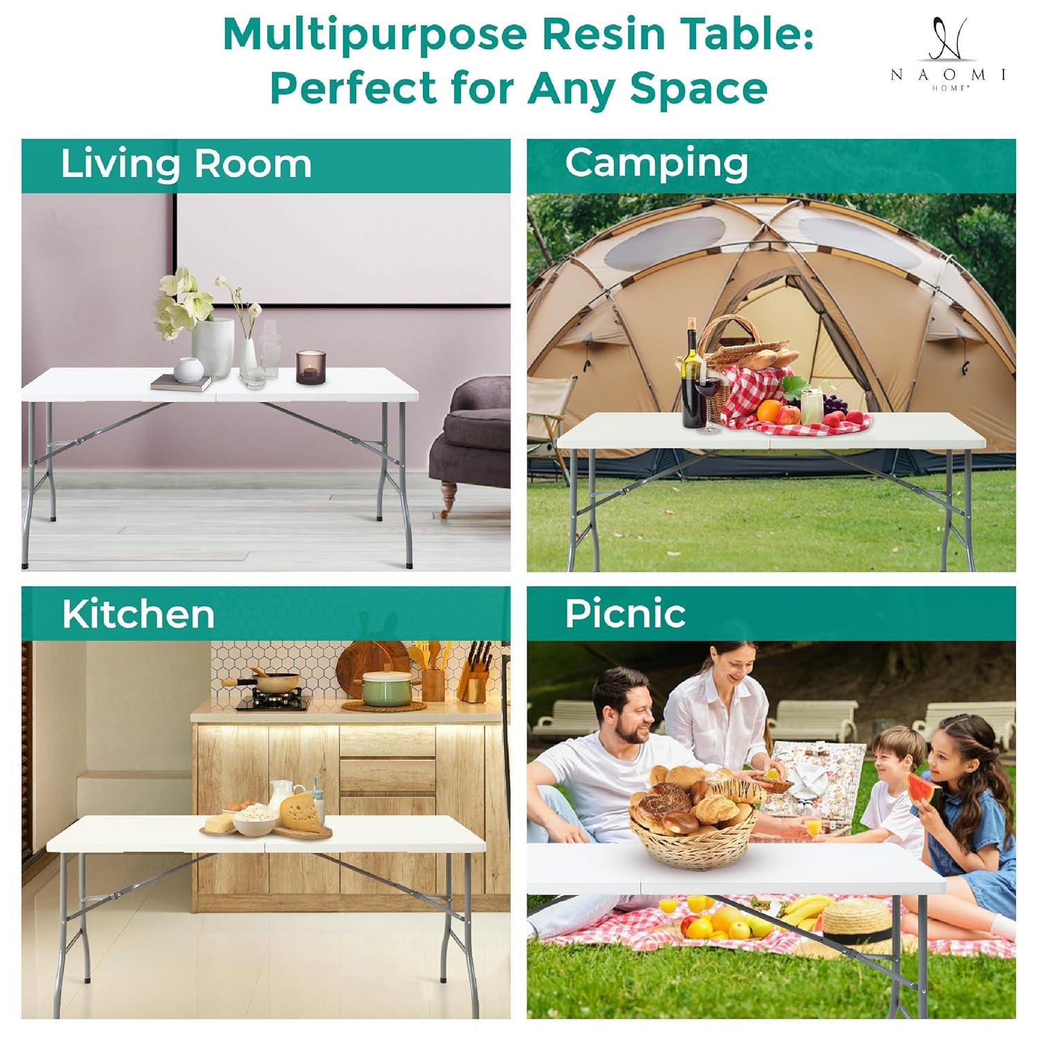 6ft Folding Table Multipurpose Foldable Dinner Table Portable Folding Rectangular Resin Table for Outdoor Camping Picnic Party by Naomi Home - White