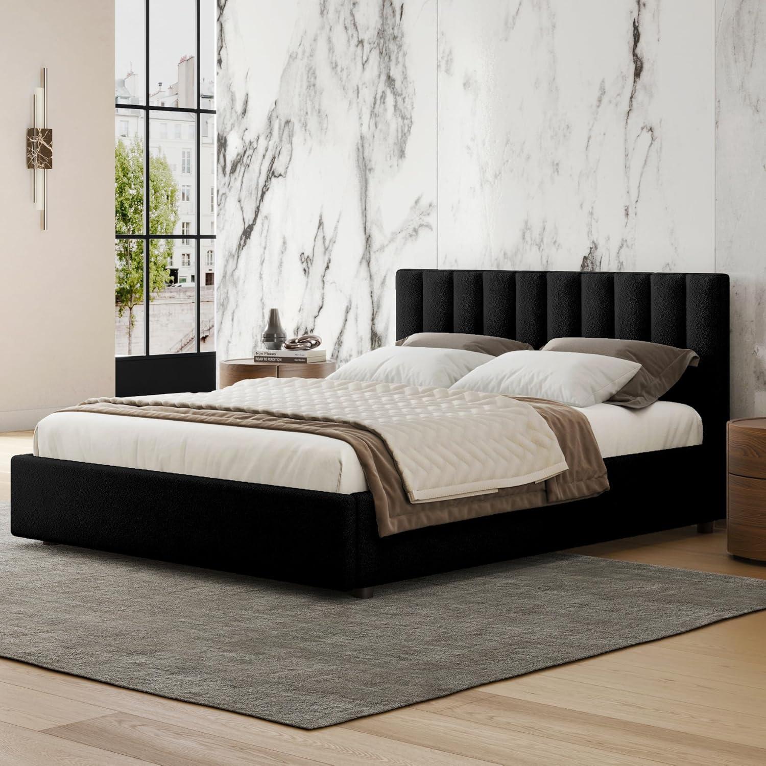 Omax Decor Jaxon Upholstered Platform Queen Bed in White Boucle Fabric