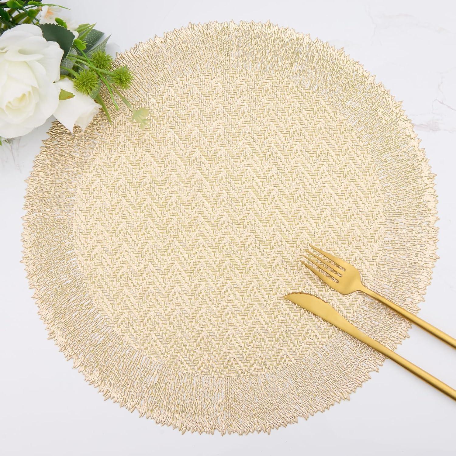 Efavormart 6 Pack 15" Gold Round Woven Vinyl Placemats Non Slip Dining Table Placemats For Wedding Events Birthday Party
