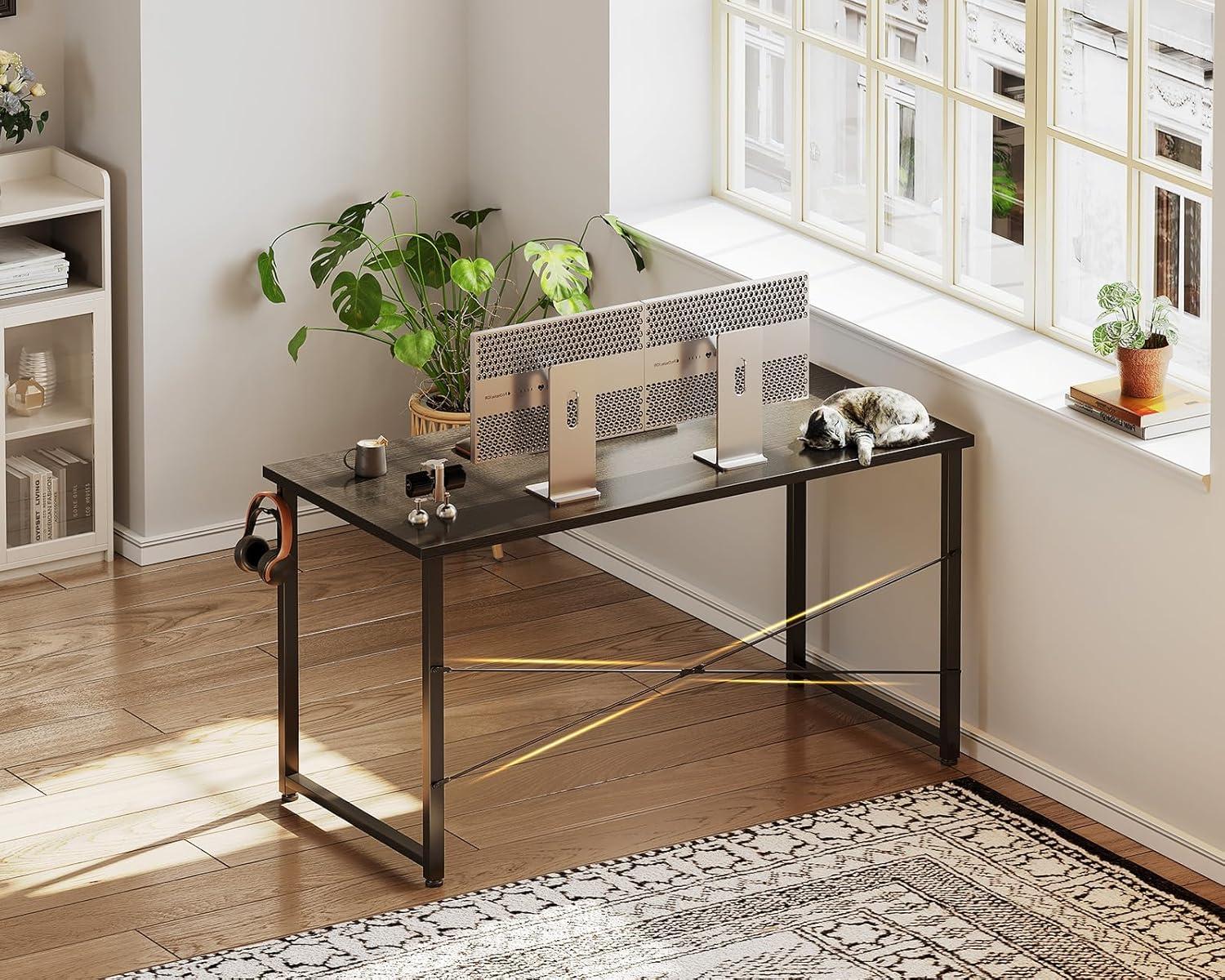 Black Rectangular Modern Writing Desk with Hooks