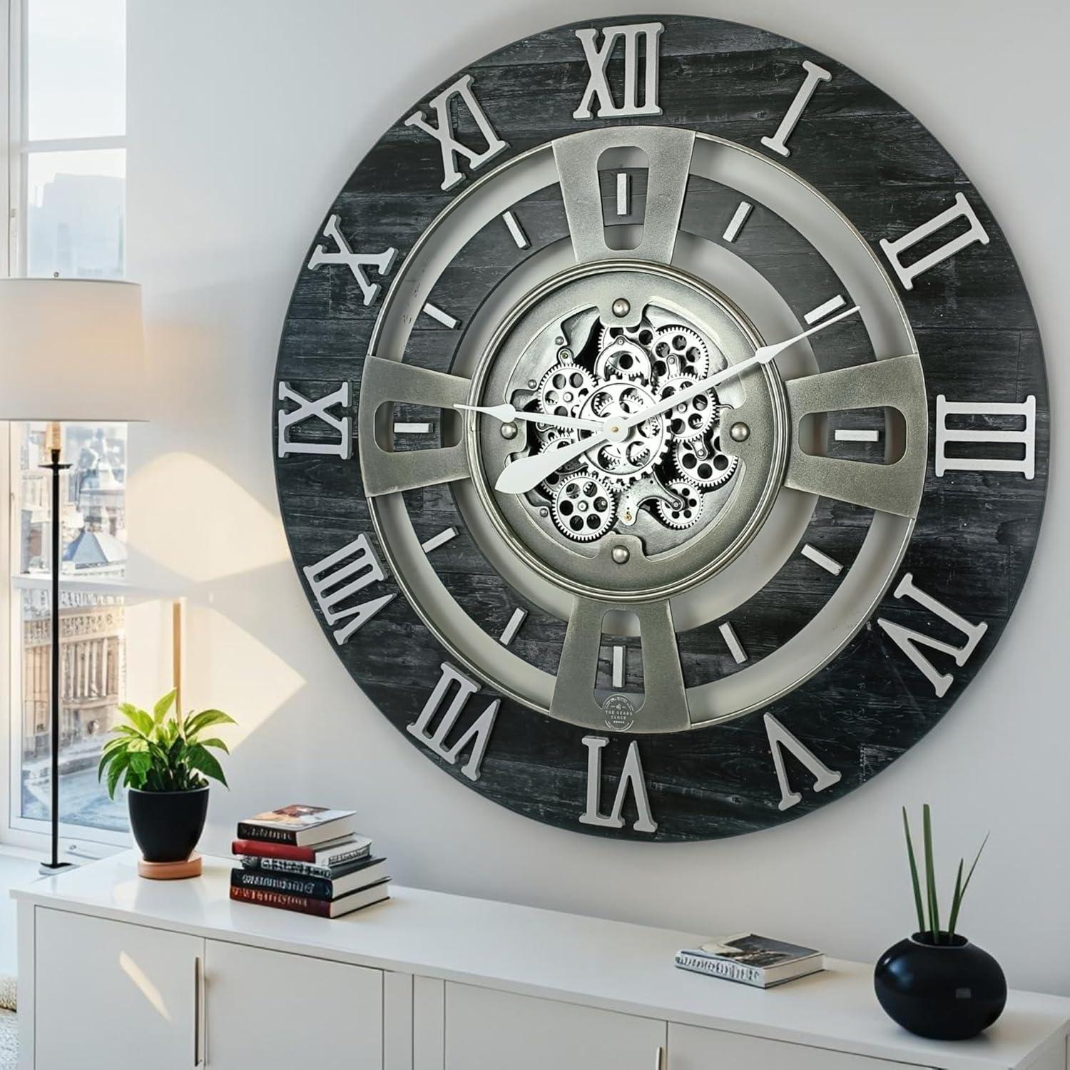 THE GEARS CLOCK Wall Clock with Real Moving Gears EN-LI_ 36 in Round Vintage-Black