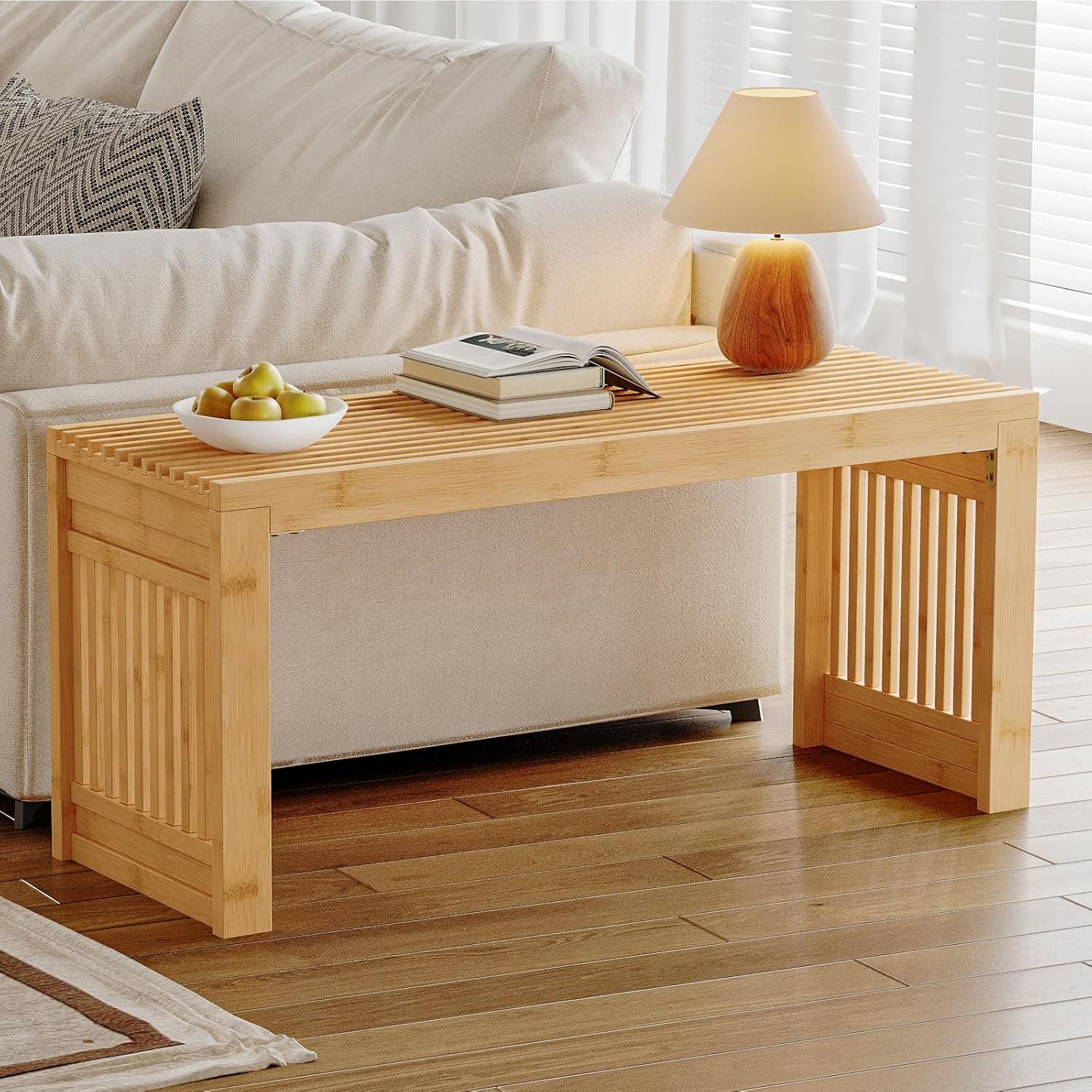 George Oliver Bamboo Dining Bench, 35 Inch Farmhouse Decor Indoor Kitchen Table Bench, Entryway Shoe Rack Bench, Outdoor Bench, Solid Bamboo Benches For Living Room, Hallway, Bedroom, Bathroom