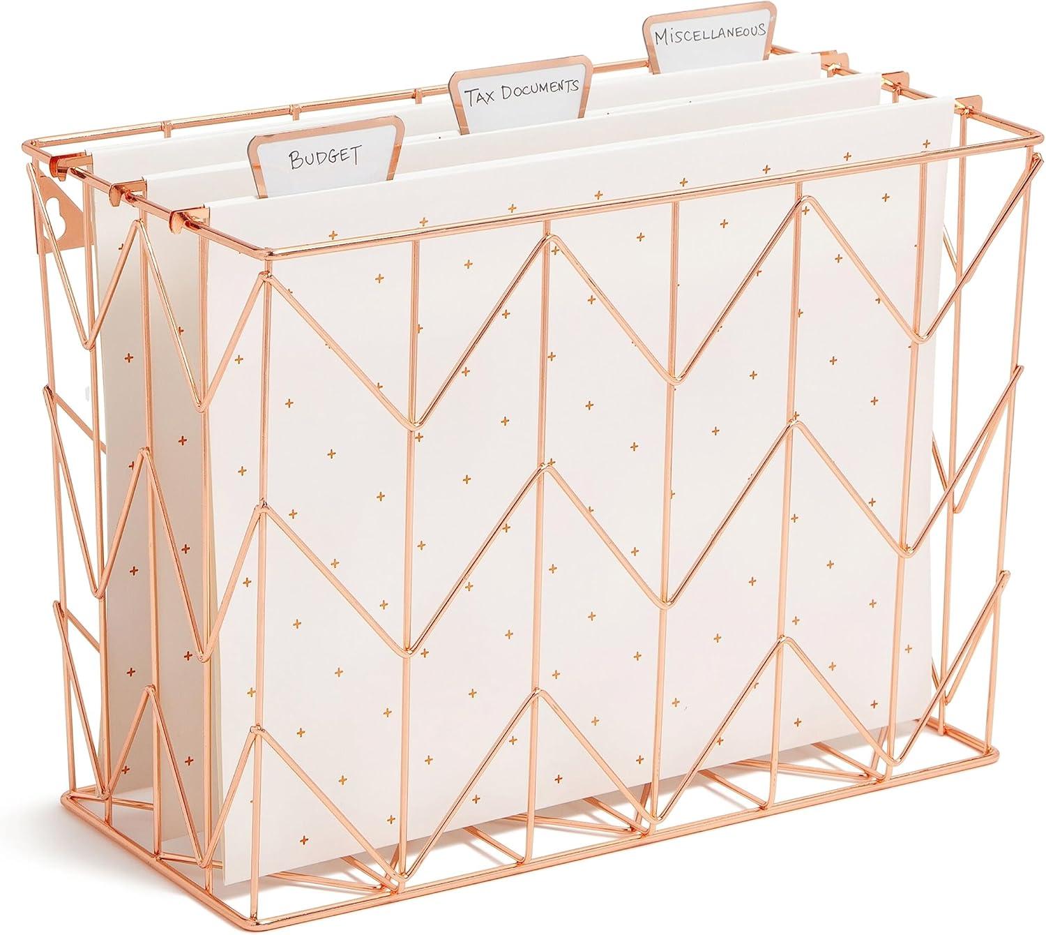 U Brands Letter-Size Desktop Fashion Filing Set, Rose Gold, (1) Rack, (3) Hanging Folders, (3) File Folders, (2) Trays,(1) Mail Sorter