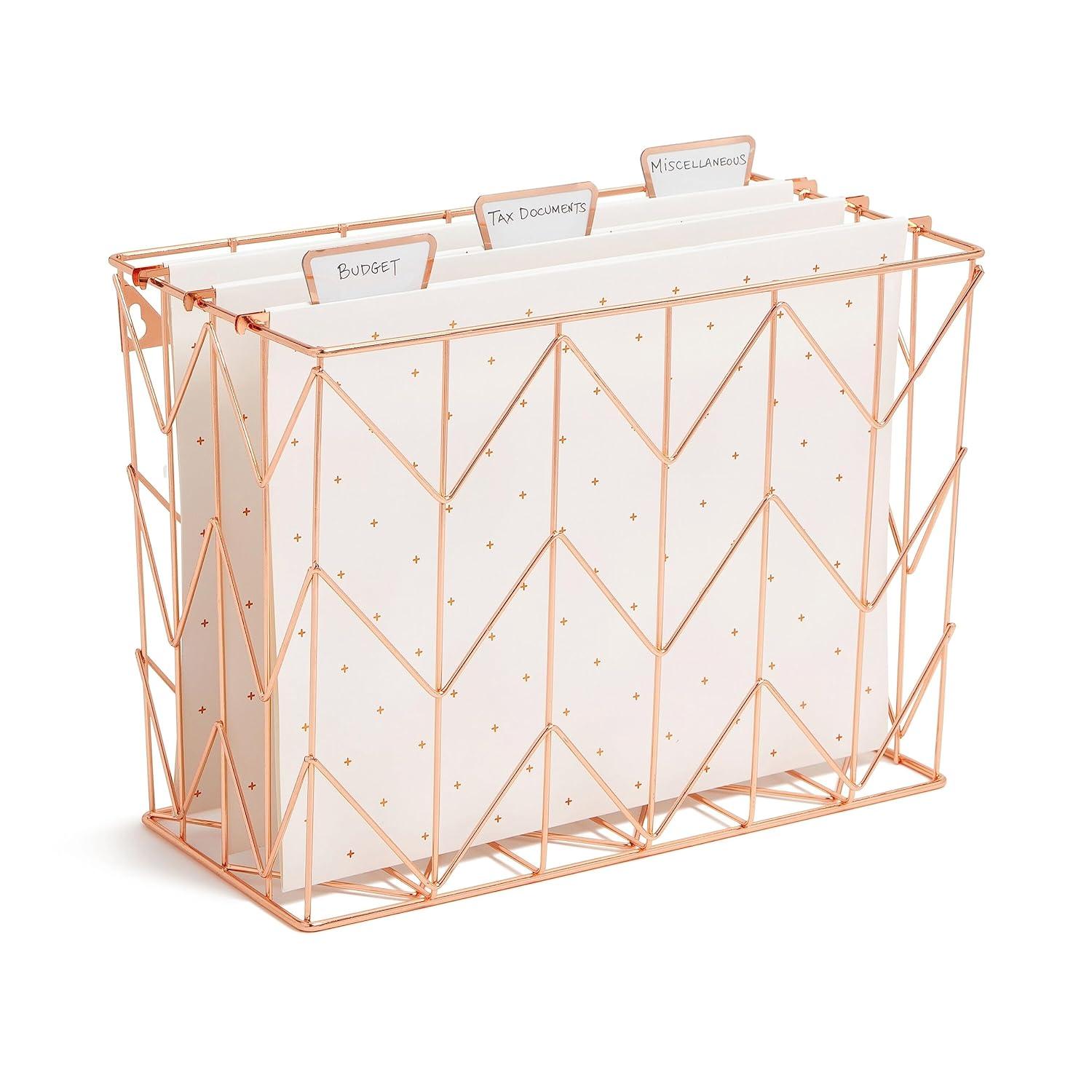 U Brands Letter-Size Desktop Fashion Filing Set, Rose Gold, (1) Rack, (3) Hanging Folders, (3) File Folders, (2) Trays,(1) Mail Sorter