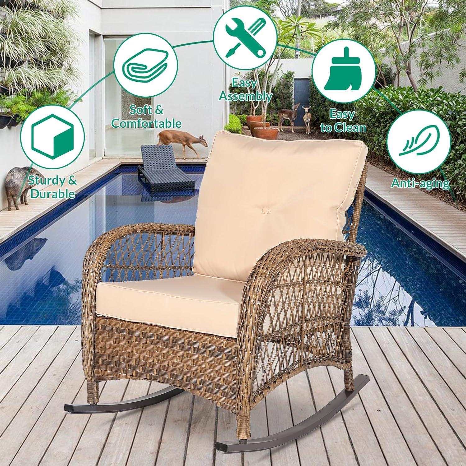 VIVIJASON 2 Piece Patio Wicker Rattan Rocker Chair, Outdoor Rattan Rocker Chair with Cushions & Steel Frame, All-Weather Rocking Lawn Wicker Furniture for Garden Backyard Porch (Beige)