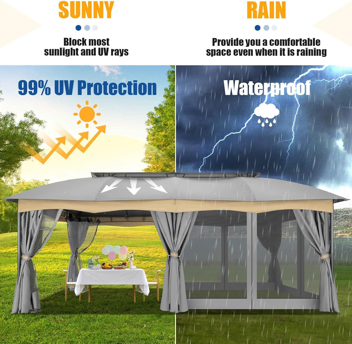 COBIZI 12X20 Heavy Duty Gazebo Outdoor Gazebo with Mosquito Netting and Curtains, Canopy Tent Deck Gazebo with Double-Arc Roof Ventiation and Metal Steel Frame Suitable for Lawn, Backyard, Patio,Gray
