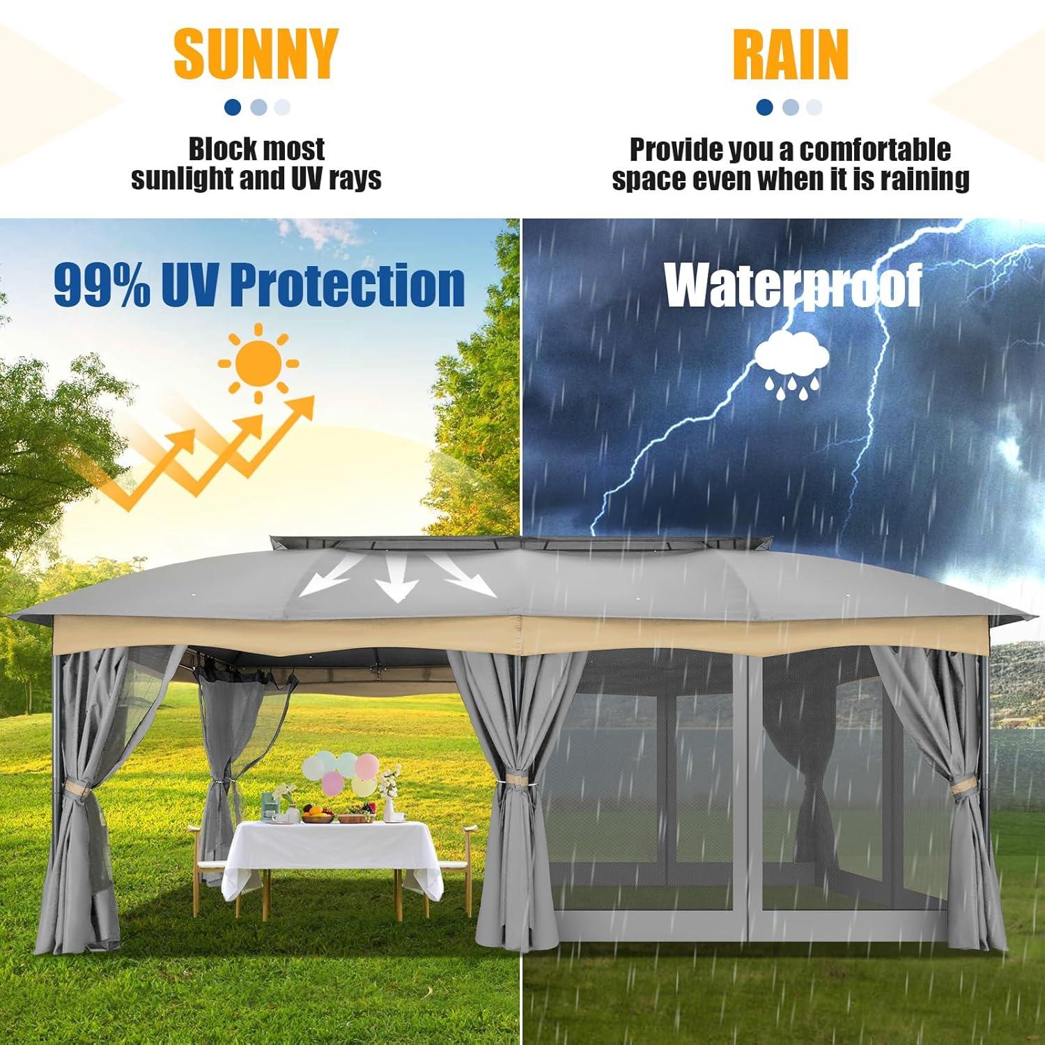 COBIZI 12X20 Heavy Duty Gazebo Outdoor Gazebo with Mosquito Netting and Curtains, Canopy Tent Deck Gazebo with Double-Arc Roof Ventiation and Metal Steel Frame Suitable for Lawn, Backyard, Patio,Gray