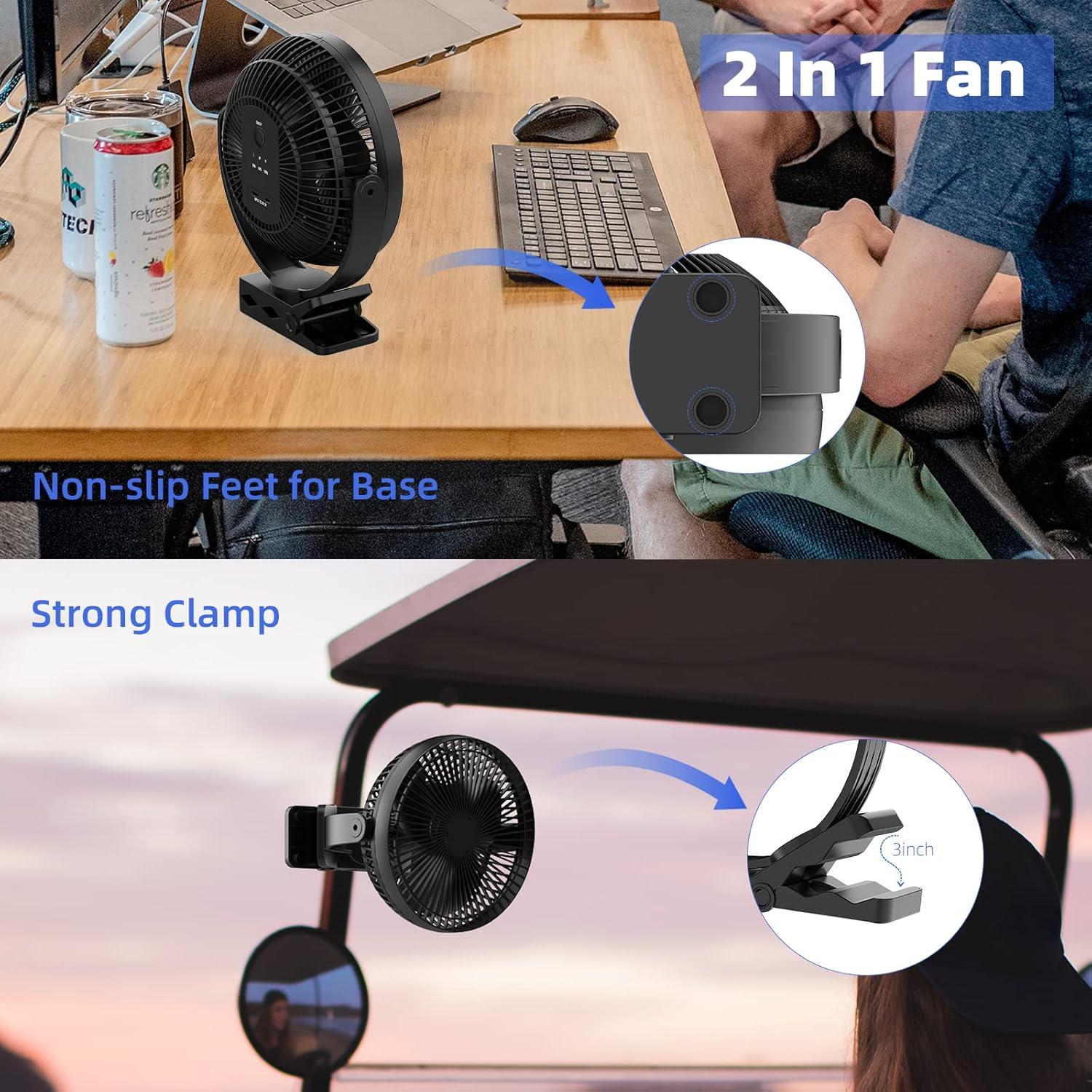 Black 8-Inch Battery Powered Clip-On Desk Fan