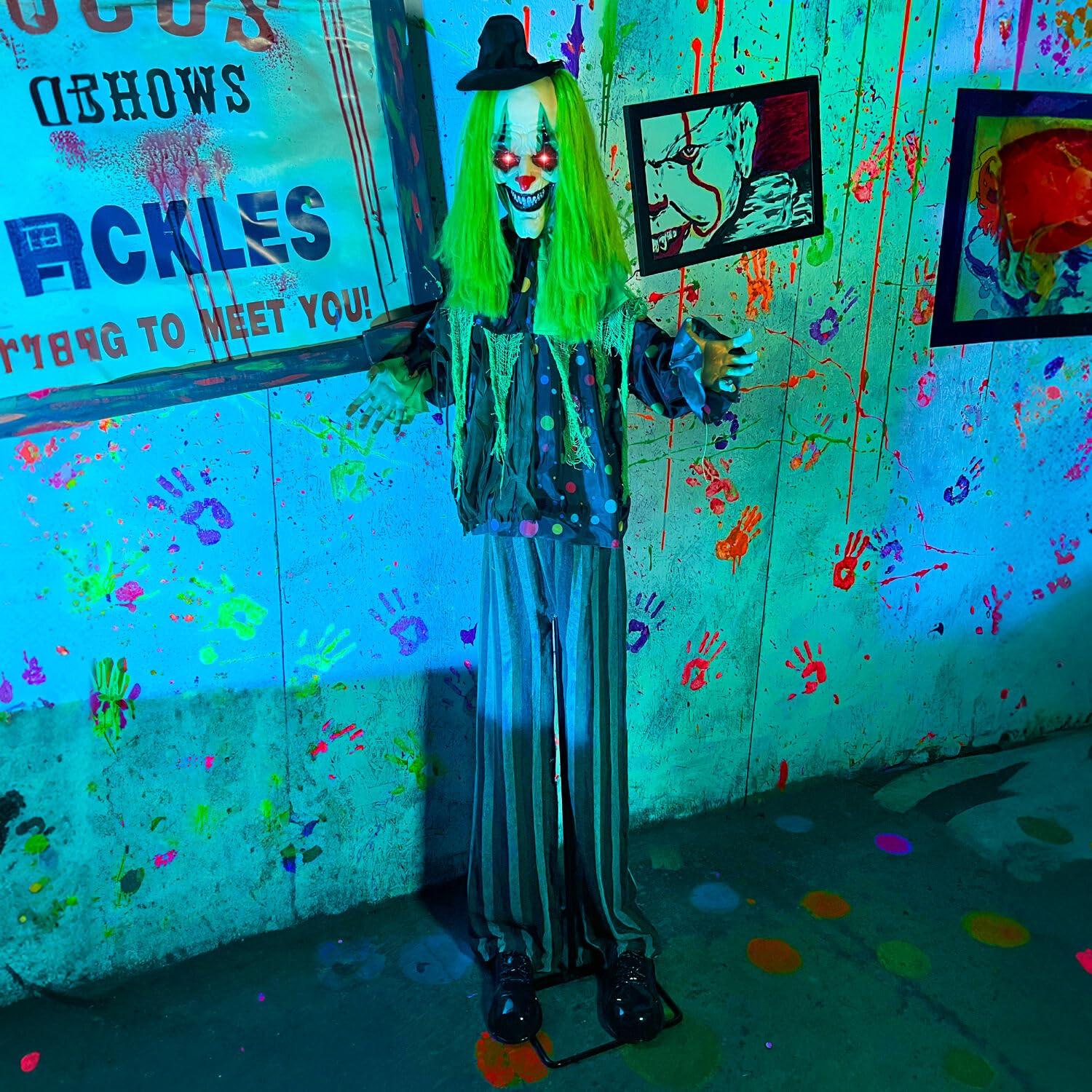 Haunted Hill Farm Lifesize Animatronic Clown with Lights and Sound, Indoor/Covered Outdoor Halloween Decoration