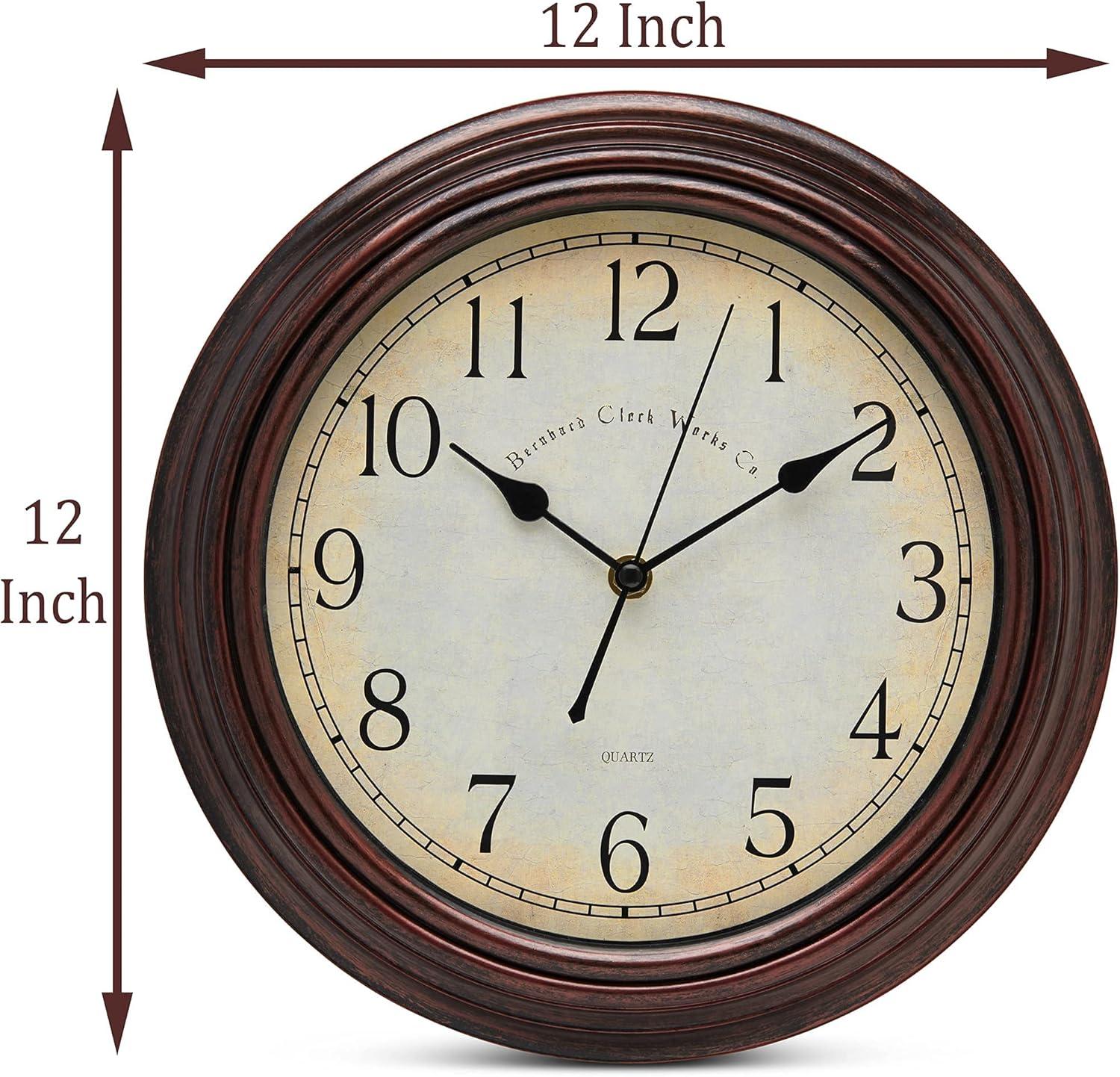 Bernhard Products Vintage Wall Clock Silent Non Ticking - 12 Inch Quality Quartz Battery Operated Decorative Brown Clock for Home Kitchen Living/Dining Room Office Decor, Easy to Read, Rustic Bronze