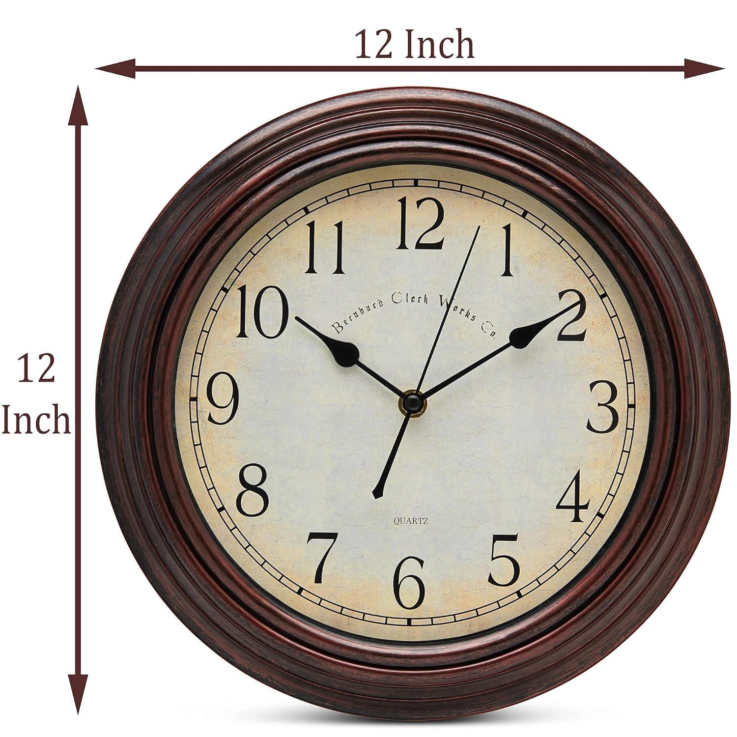 Bernhard Products Vintage Wall Clock Silent Non Ticking - 12 Inch Quality Quartz Battery Operated Decorative Brown Clock for Home Kitchen Living/Dining Room Office Decor, Easy to Read, Rustic Bronze