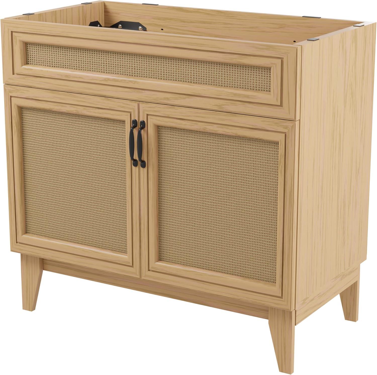 Javer 36" Rattan Modern Farmhouse 2-Shelf Bath Vanity Cabinet Only (Sink Basin not Included)