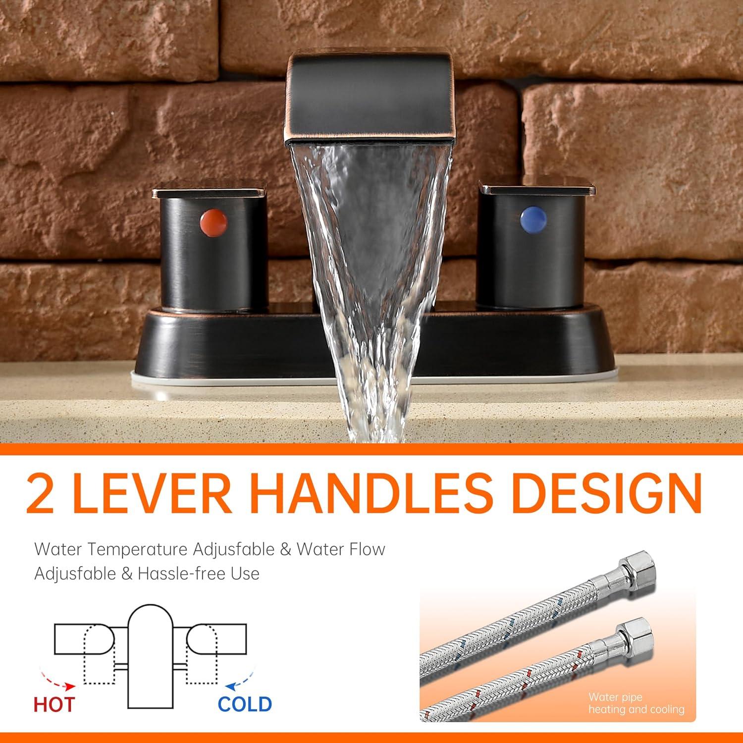 4-inch Centerset Double Handle Waterfall Bathroom Sink Faucet with Pop-up Drain Kit