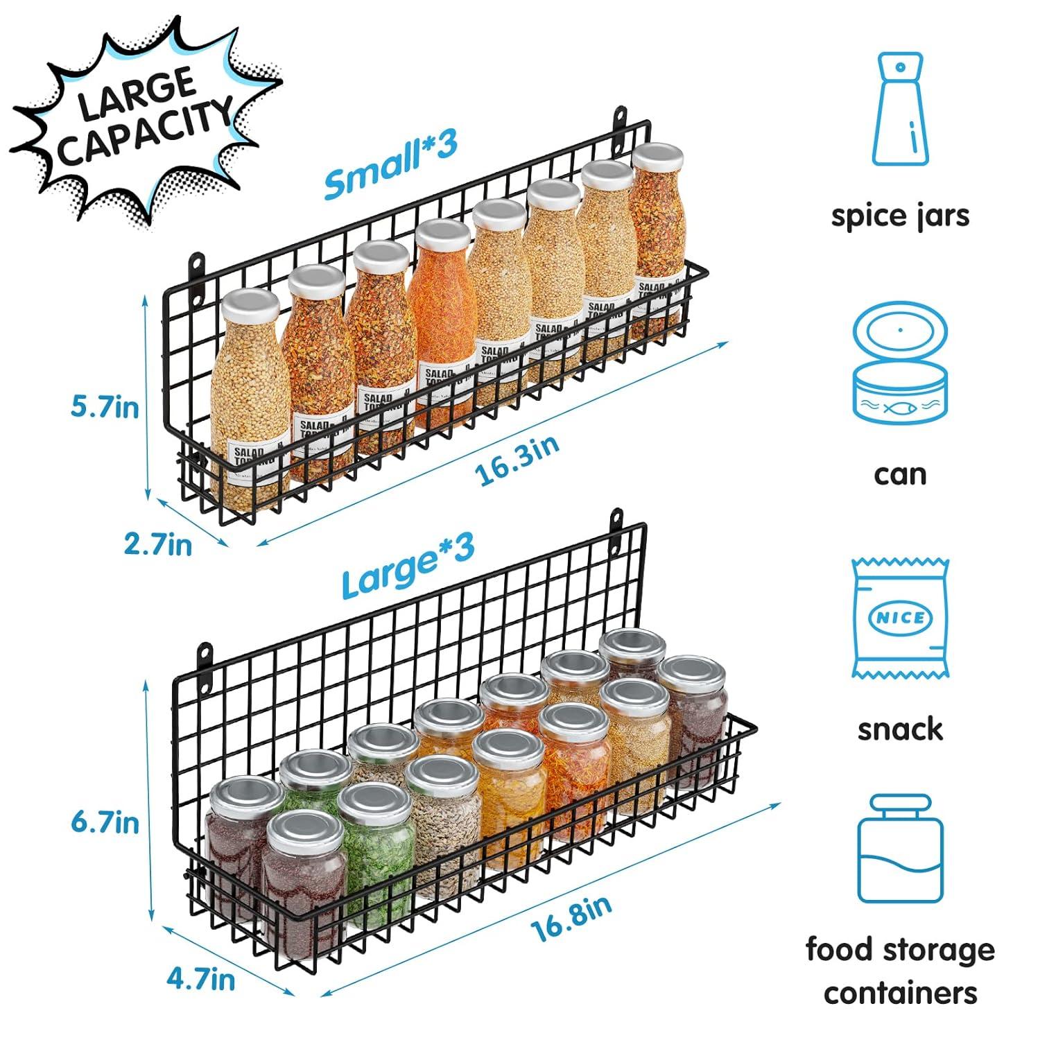 JKsmart 6-Tier Spice Rack Organizer with Door Hook, Wall Mounted & Over the Door Spice Racks for Kitchen Pantry Door Cabinet, Two Size, Large Capacity, Black