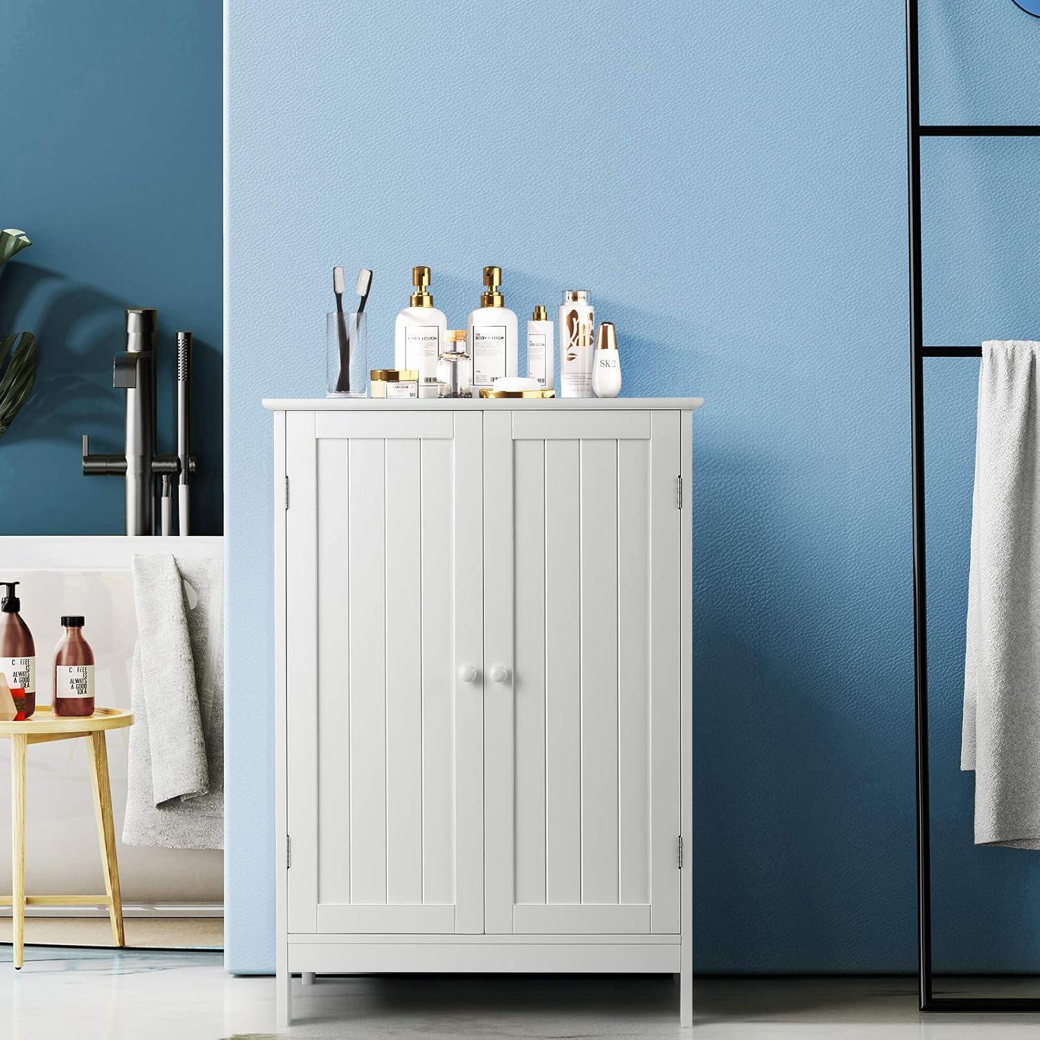 White MDF Bathroom Floor Cabinet with Adjustable Shelving