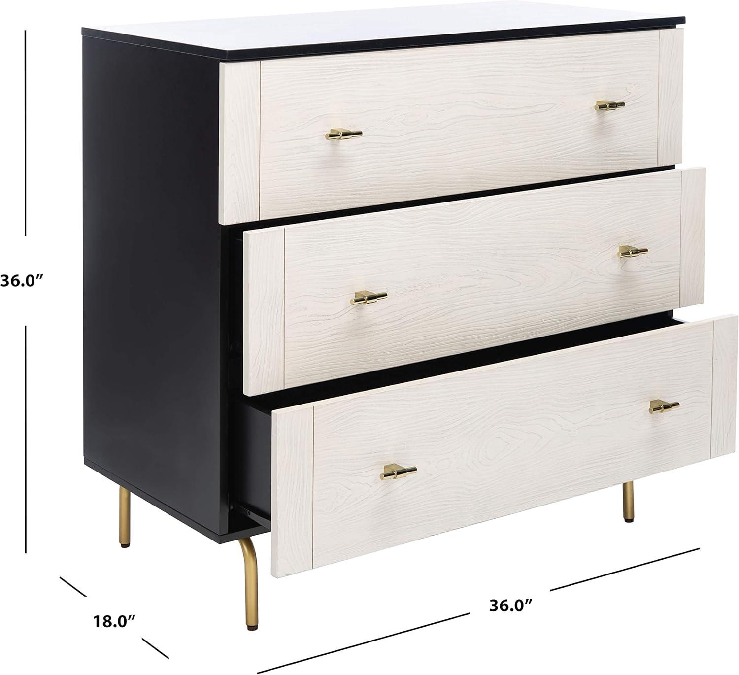 SAFAVIEH Genevieve Mid-Century Retro 3 Drawer Dresser, Black/White Washed (36 in. W x 18 in. D x 36 in. H)