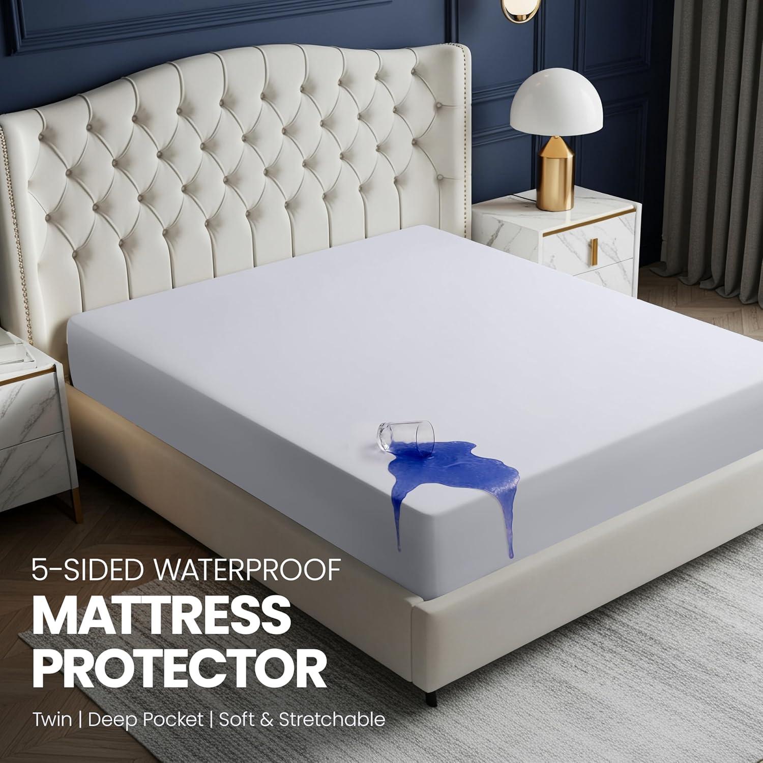PEKUR Waterproof Mattress Protector – Fitted Sheet Style, Deep Pocket Cover Fits Up to 15 Inches, Washable & Breathable Mattress Topper
