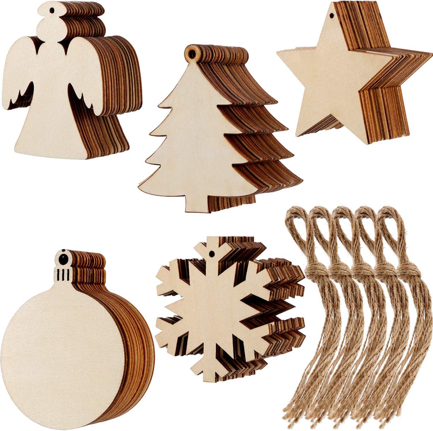 Homaful 50 Pcs Wooden Christmas Ornaments, Christmas Crafts for Kids, 5 Styles DIY Christmas Ornaments Kit with 50 Strings, Unfinished Wood Slice for Hanging Holiday Decoration