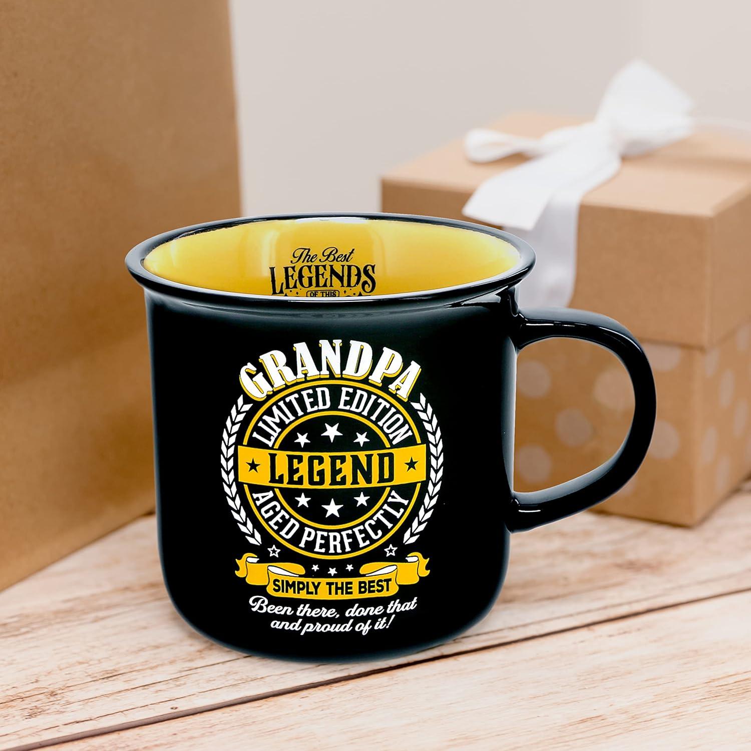 Pavilion Gift Company - Grandpa Limited Edition Legend - Ceramic 13-ounce Campfire Mug, Double Sided Coffee Cup, Fathers Day Gift, 1 Count (Pack of 1), 3.75” x 5” x 3.5”, Black/Yellow