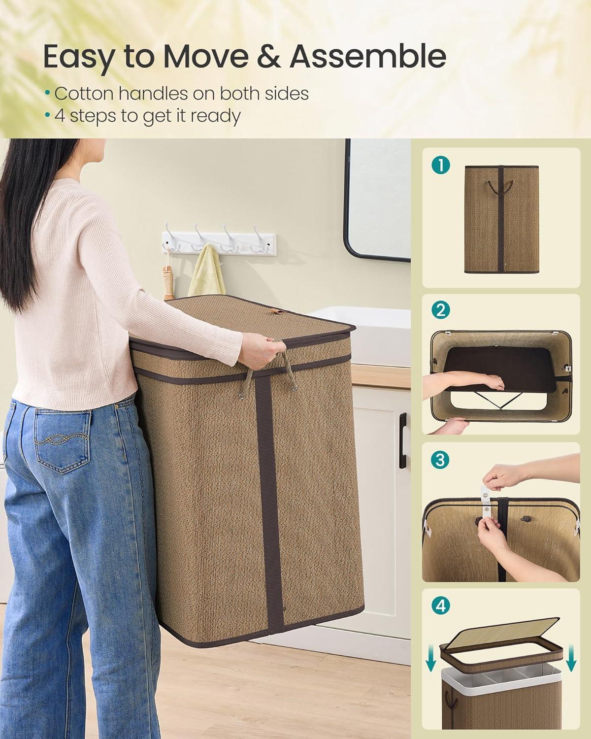 100L Laundry Hamper with Lid Bamboo Laundry Basket with Liner Bag Foldable Storage Hamper with Handles Gray