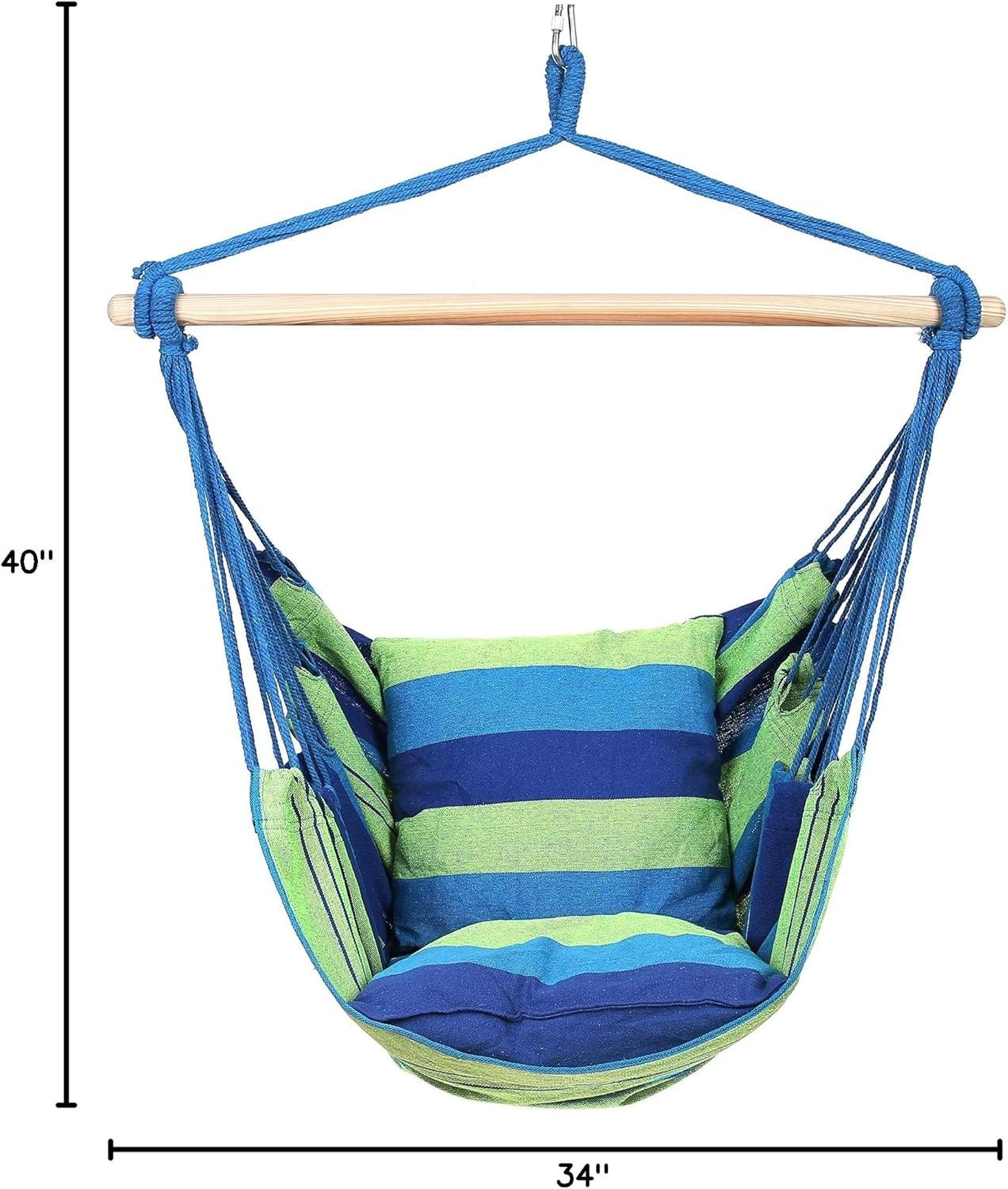 Blissun Hanging Hammock Chair, Hanging Swing Chair with Two Cushions, 34 Inch Wide Seat Blue & Green Stripes (Seaside Stripe)