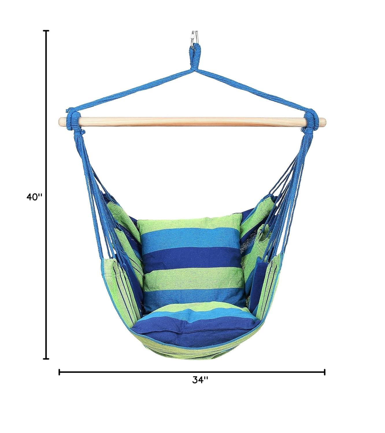 Blissun Hanging Hammock Chair, Hanging Swing Chair with Two Cushions, 34 Inch Wide Seat Blue & Green Stripes (Seaside Stripe)
