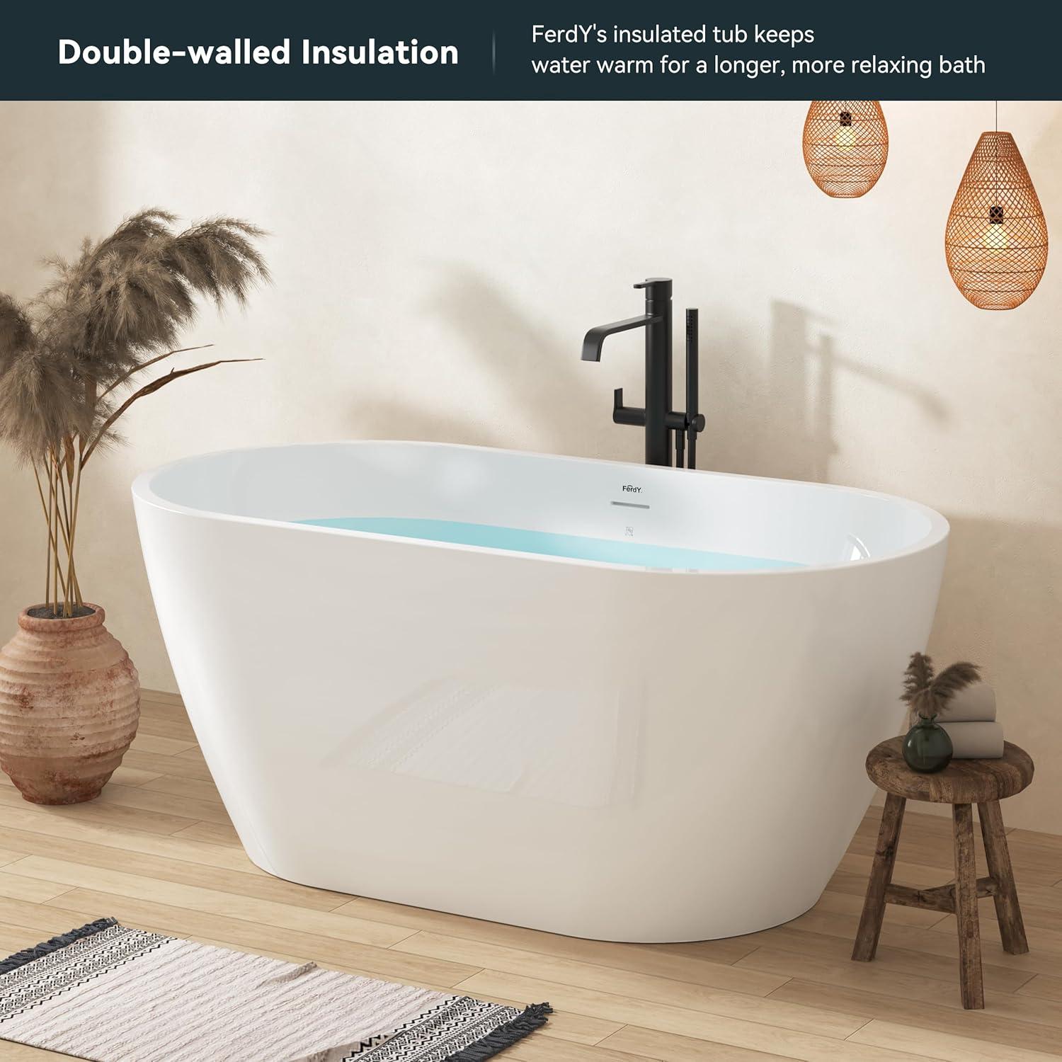 FerdY Bali Freestanding Soaking Acrylic Bathtub with Brushed Nickel Drain FerdY-02538-1400-BN