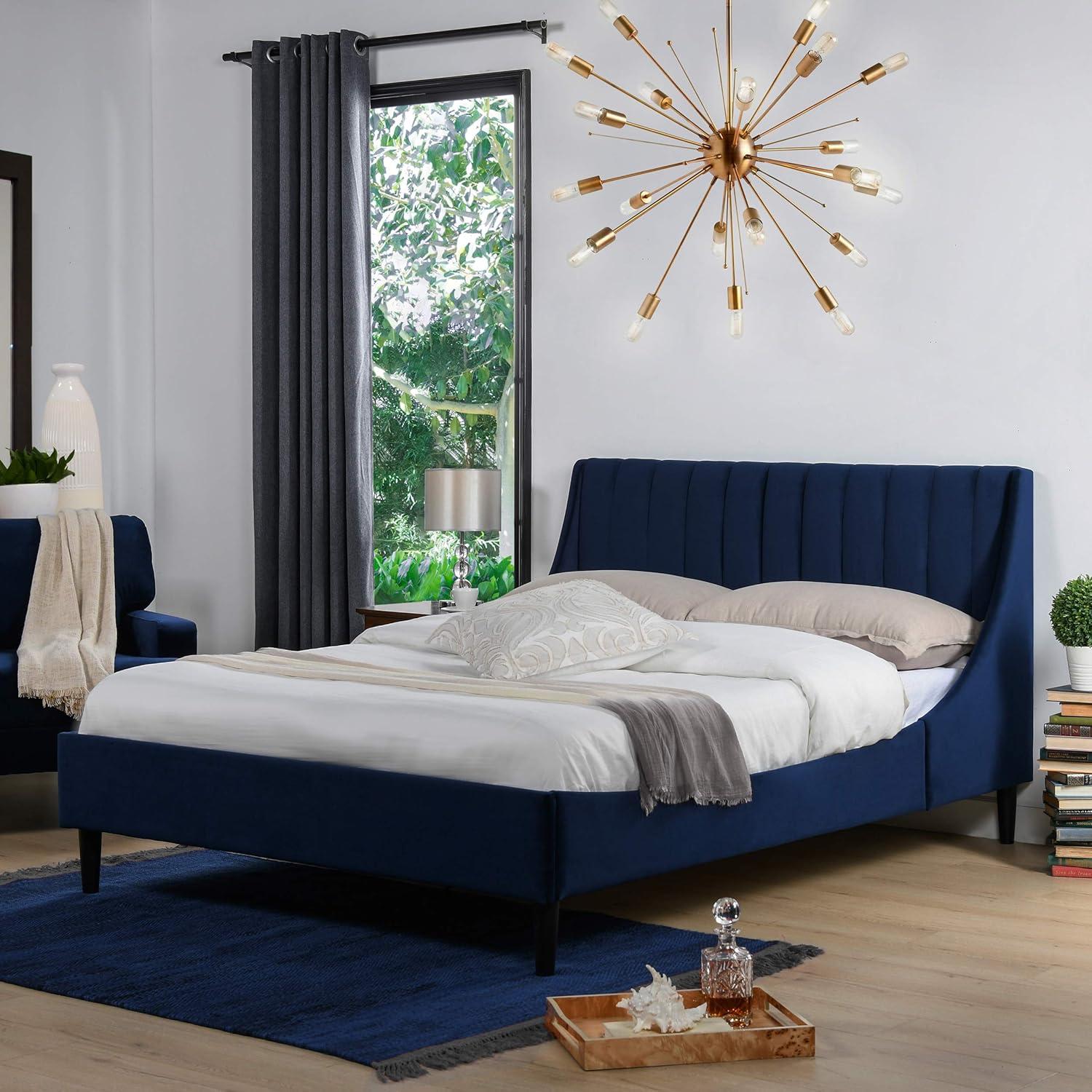 Sandy Wilson Home Aspen Tufted Headboard Platform Bed Set Queen Navy Blue Velvet