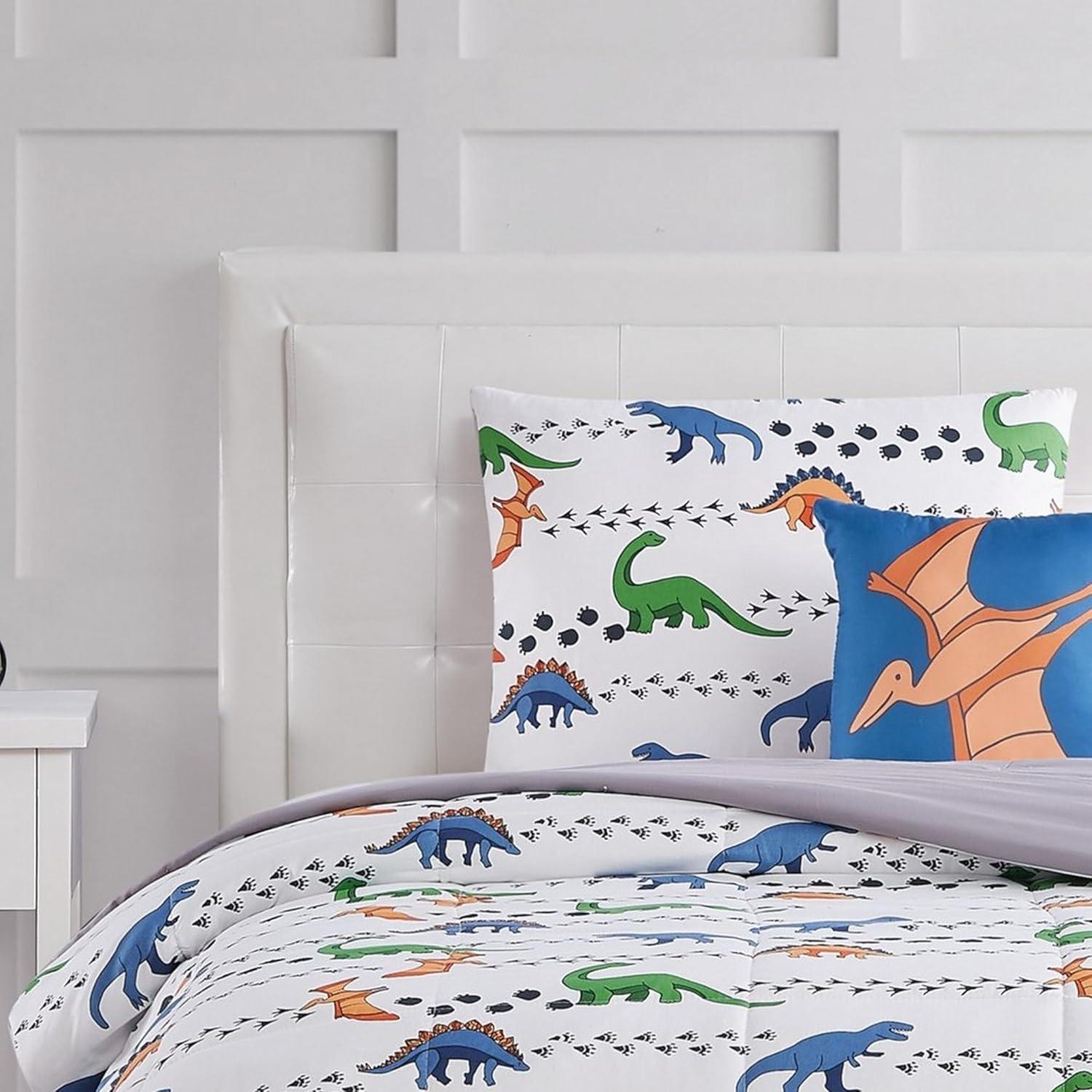 Twin 3pc Dino Tracks Reversible Kids' Comforter Set White - My World: Dinosaur Bedding for Boys, Includes Pillow Sham