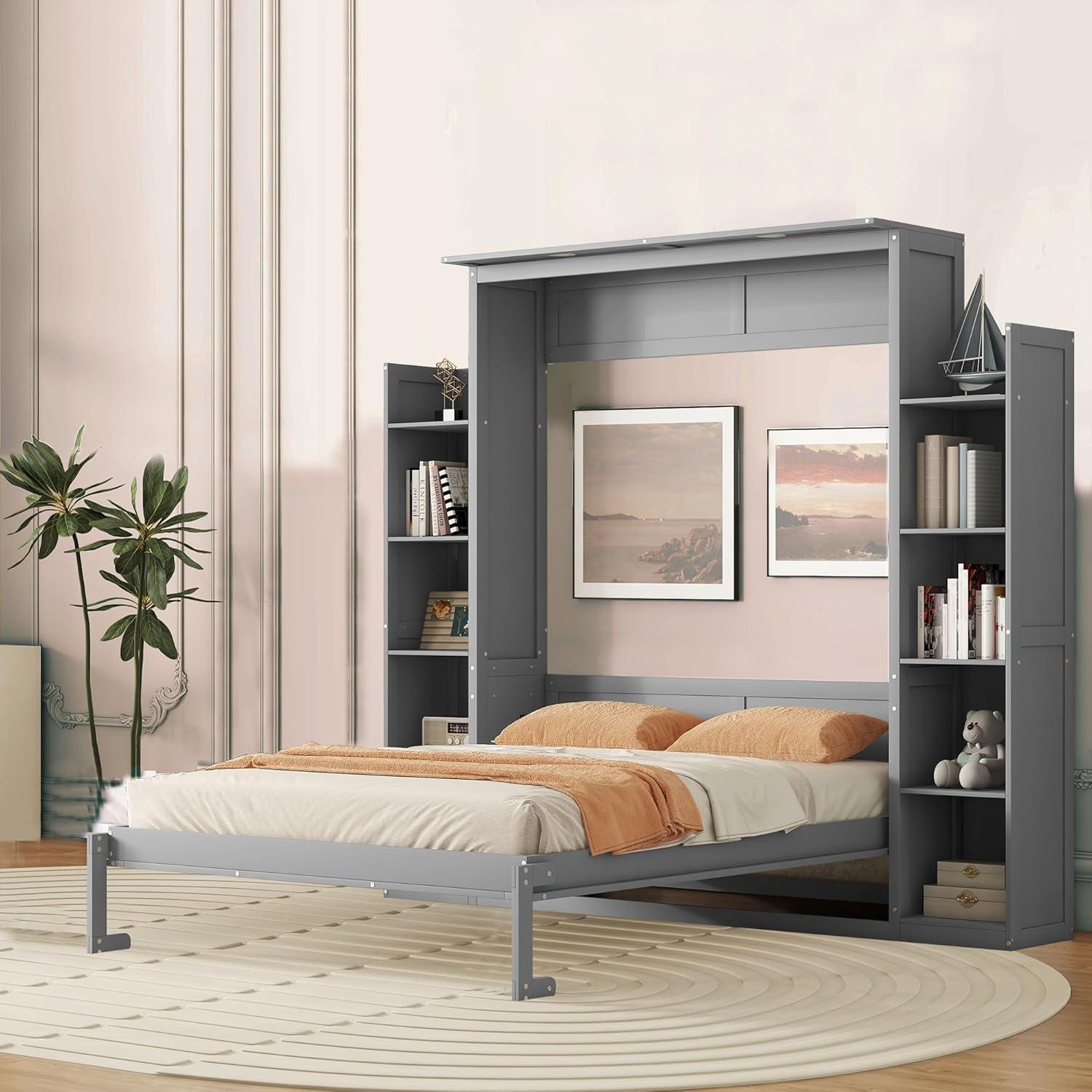SHANRUGUOJI Murphy Bed Wall Bed With Shelves And LED Lights With Side Storage Bookcases