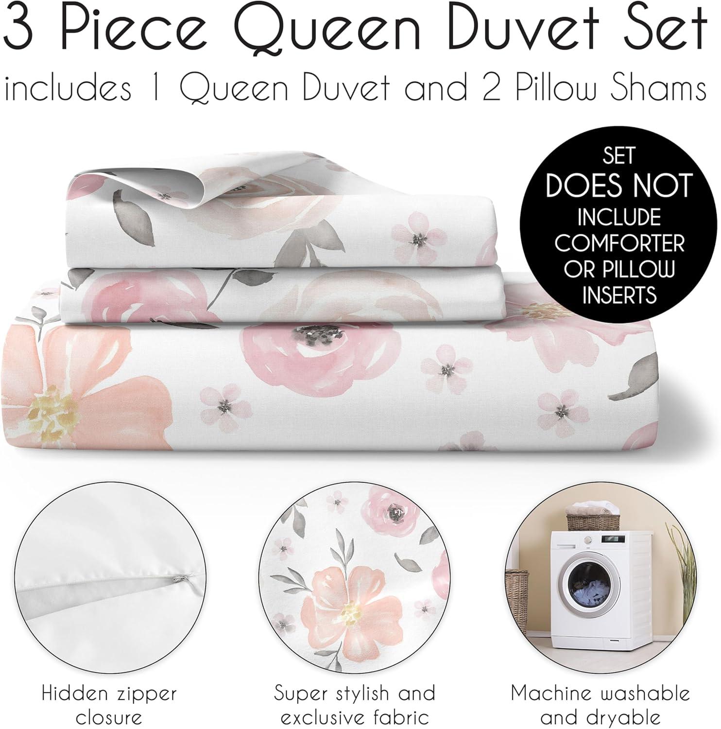 Sweet Jojo Designs Queen Duvet Cover and Shams Set Watercolor Floral Pink and Grey 3pc