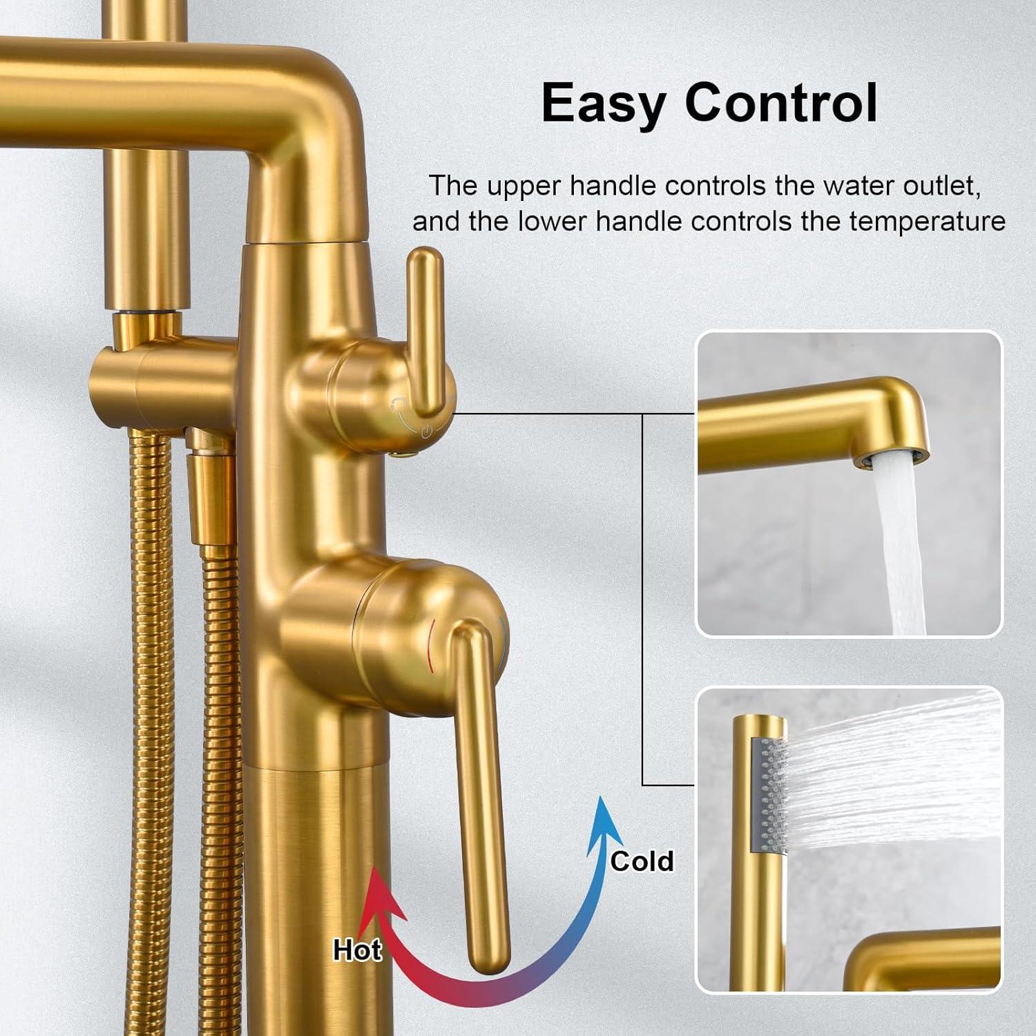 Brushed Gold Freestanding Tub Filler Faucet with Handheld Shower