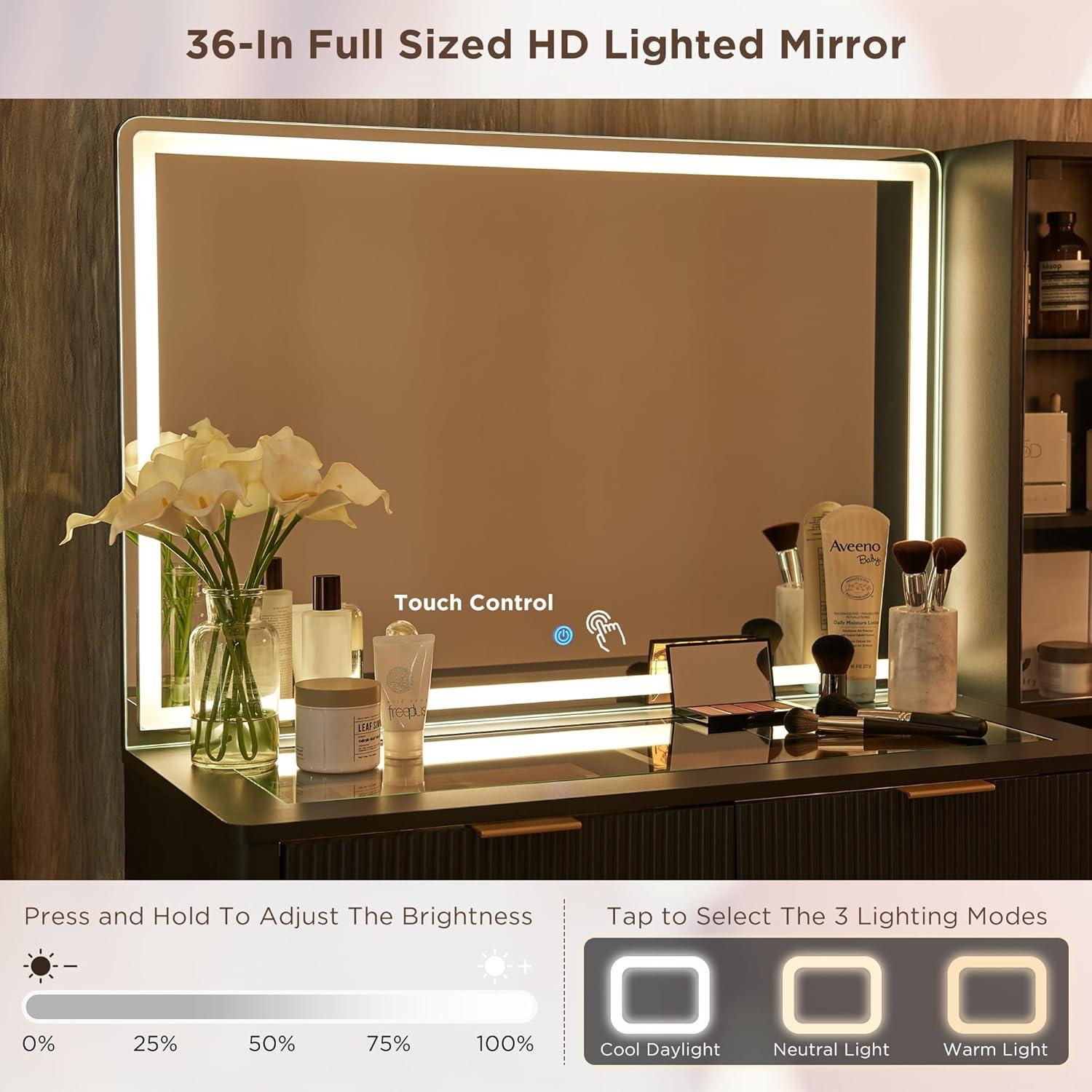 Fluted Makeup Vanity Tables with 36" HD Lighted Mirror, 48" Big Modern Vanity Desk with Glass Top & 5 Drawers & Shelves, Dressing Table, Dark Gray