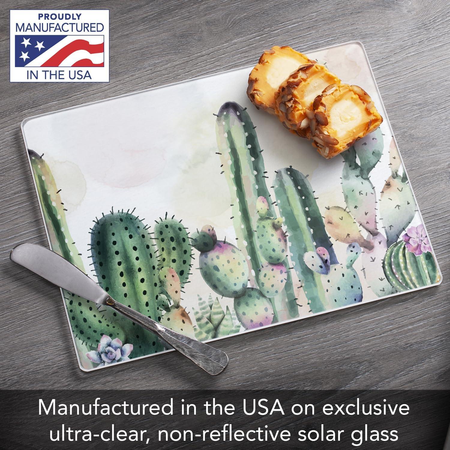 Watercolor Cactus 3mm Tempered Glass Cutting Board 10" x 8"