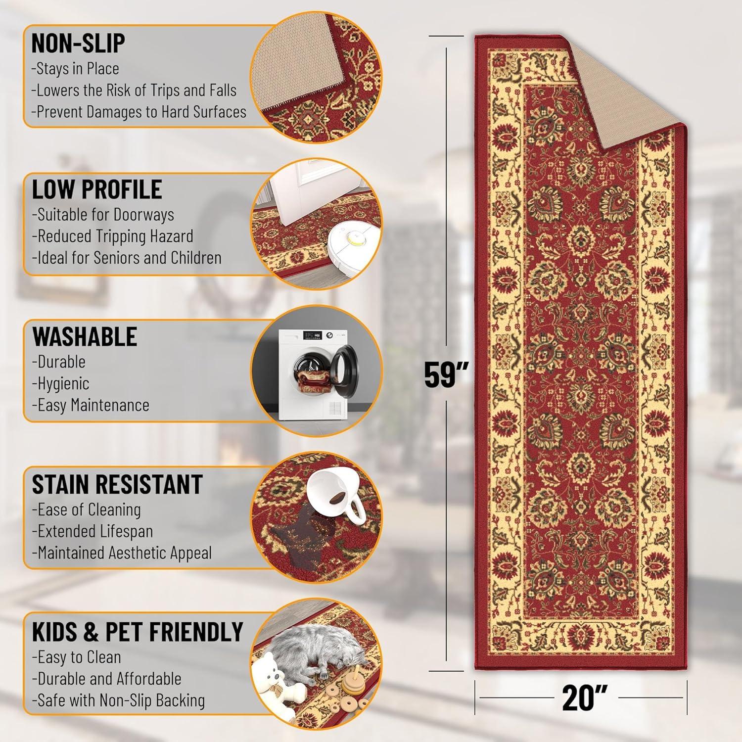 Ottomanson Machine Washable Non-Slip Rubberback Oriental 2x5 Indoor Runner Rug, 20" x 59", Red