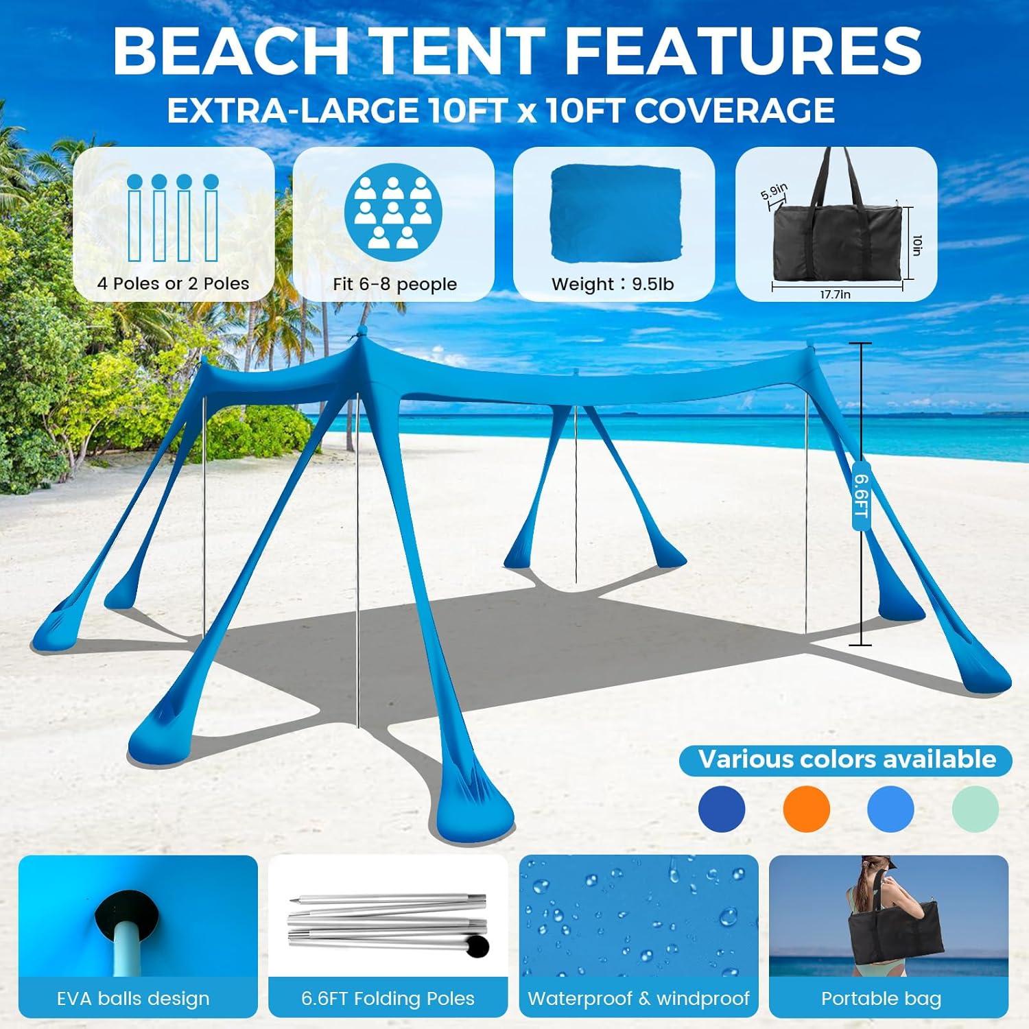 Beach Canopy Beach Tent Pop Up Shade 10x10ft Sun Shelter UPF50+ with 8 Sandbags-2 Sand Shovel-4 Aluminum Poles-Ground Pegs-Portable Carrying Bag for Outdoor Family Camping Fishing Yard Picnic