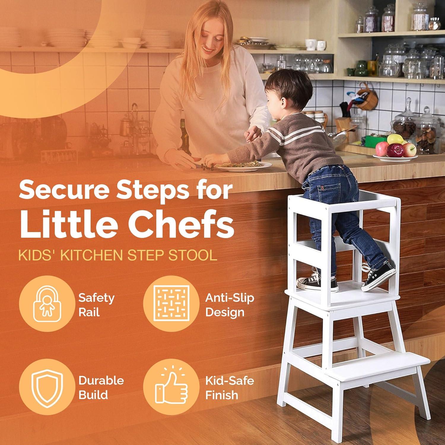 SDADI Kids Kitchen Step Stool Holds up to 150 Pounds with Safety Rail, Wide Platform Design, 4 Anti Slip Strips for 18 to 36 Months Old, White