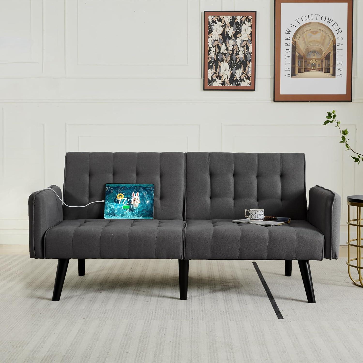 TYBOATLE 65“ Convertible Futon Sofa Bed w/ 2 USB, Upholstered Tufted Small Adjustable Folding Couch Loveseat, Modern Mid Century Sleeper Sofa for Living Room, Bedroom, Apartment, Office (Dark Grey)