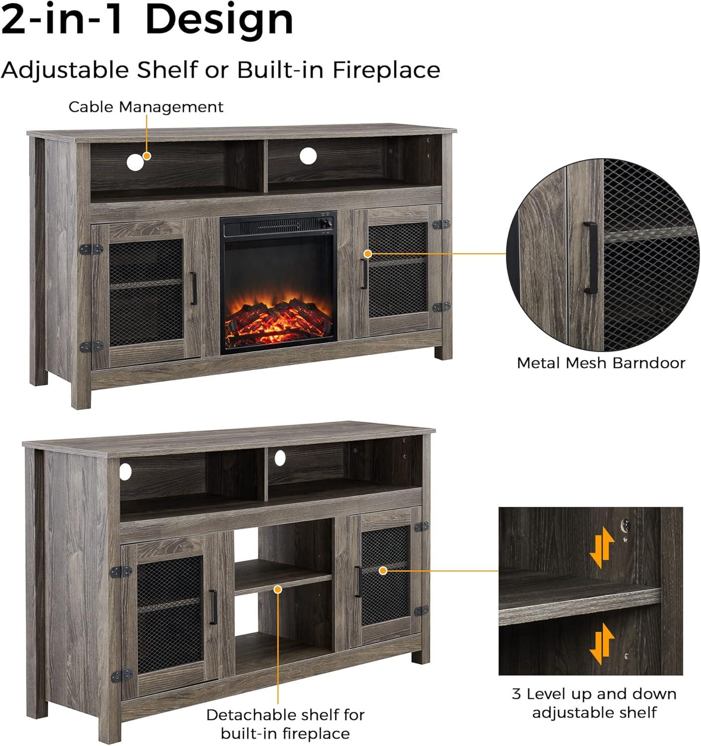 Modern 65" Fireplace TV Stand Farmhouse TV Stand with 23''Electric Fireplace,Storage Cabinet and Adjustable Shelves for Living Room Bedroom(Gray)