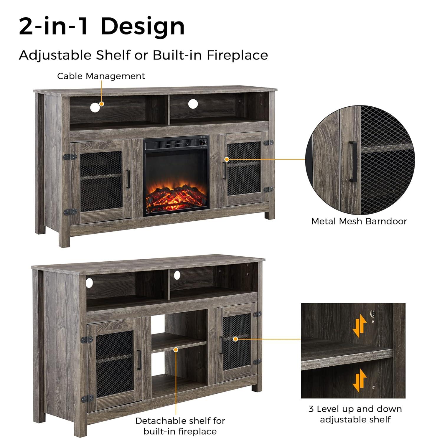 Modern 65'' Fireplace TV Stand Farmhouse with 23''Electric Fireplace,Storage Cabinet and Adjustable Shelves for Living Room Bedroom(Grey)