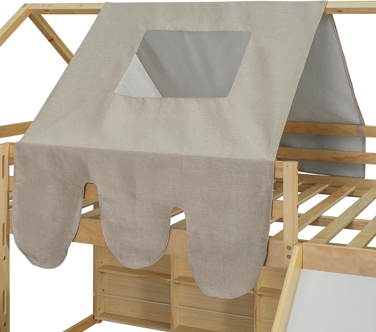 Kids Loft Bed Full Size, Full Loft Bed with Slide and Ladder, Kids House Loft Bed with Storage Shelf and Removable Tent, Full Size Loft Bed for Girls, Boys(Full Natural Beige)