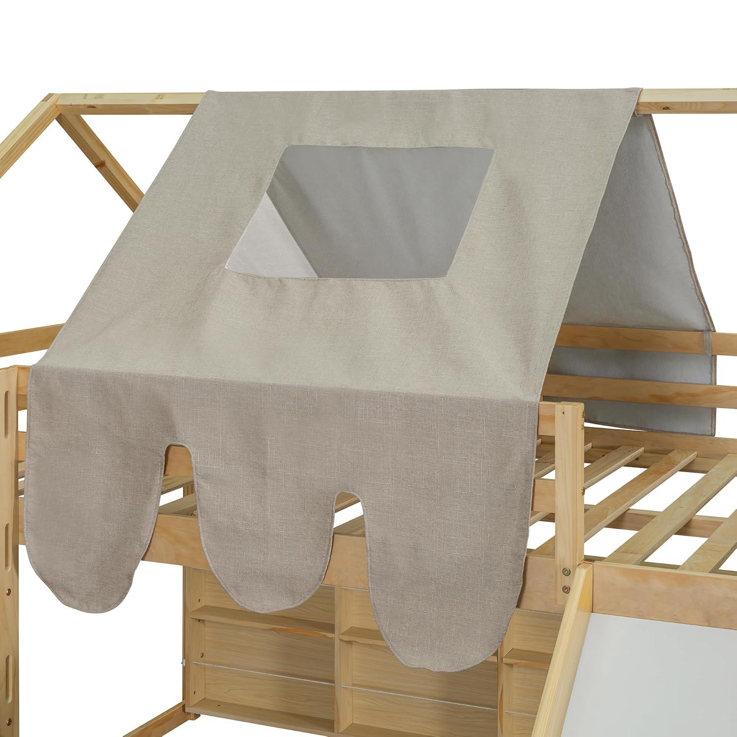 Kids Loft Bed Full Size, Full Loft Bed with Slide and Ladder, Kids House Loft Bed with Storage Shelf and Removable Tent, Full Size Loft Bed for Girls, Boys(Full Natural Beige)