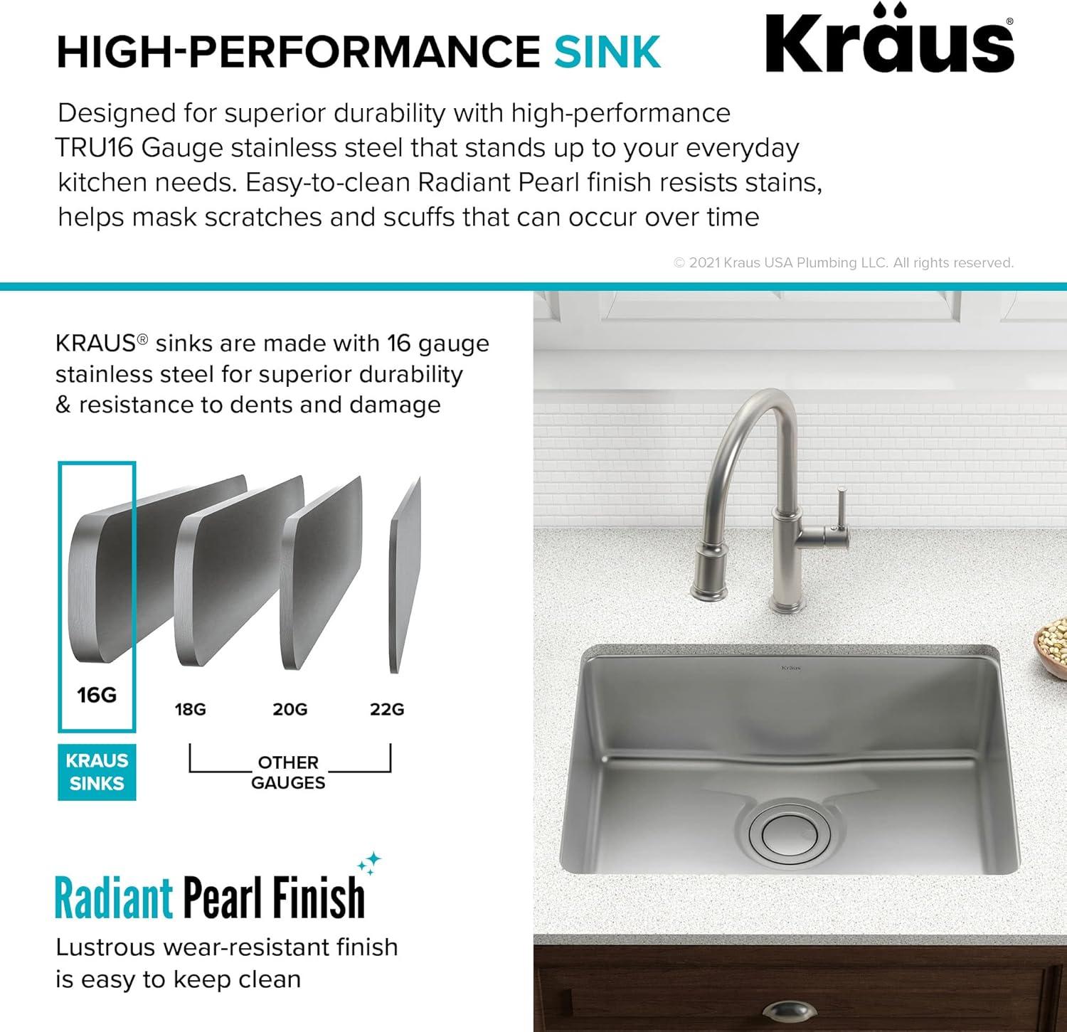 Dex™️ Series KRAUS 25-inch L Undermount Single Bowl TRU16 Gauge Stainless Steel Kitchen Sink with DrainAssure WaterWay