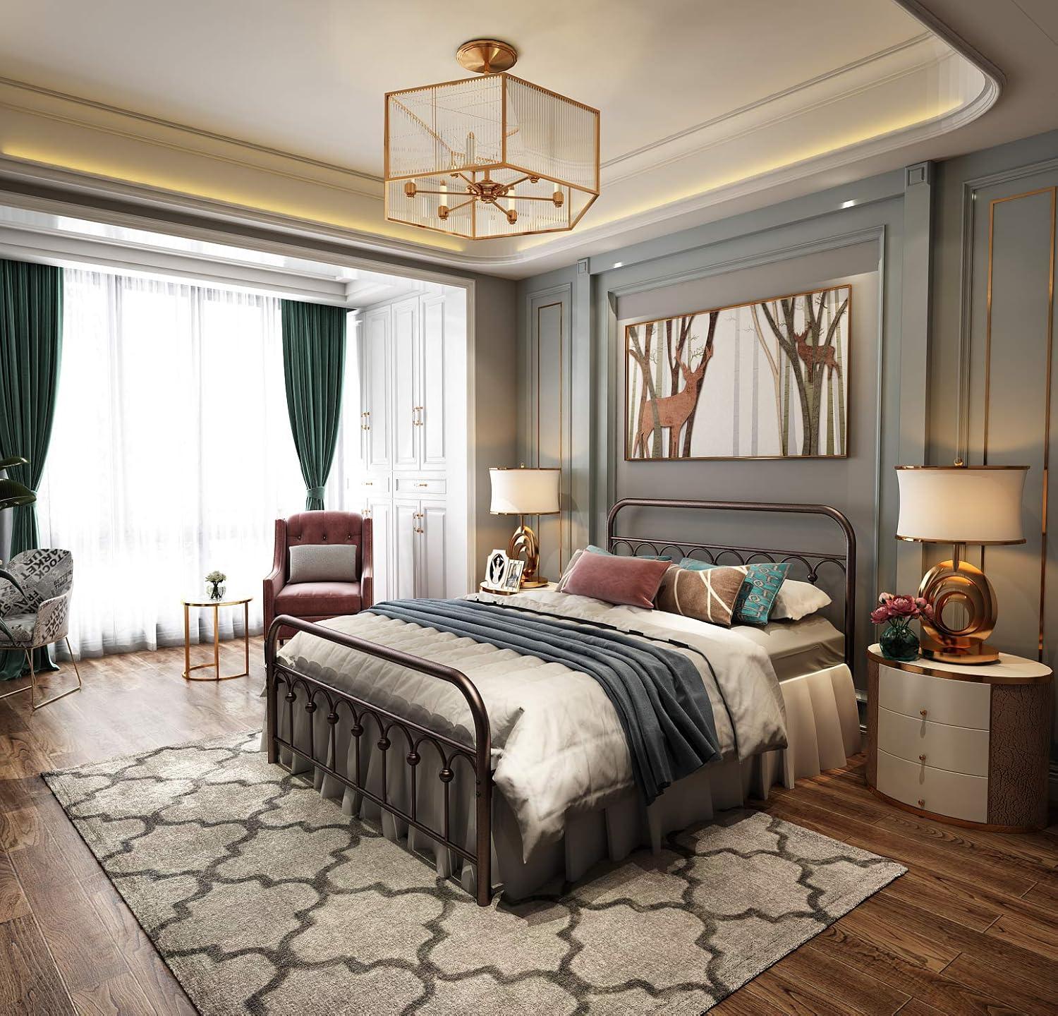 TUSEER Metal Bed Frame Full Size with Vintage Headboard and Footboard Platform Base Wrought Iron (Black)