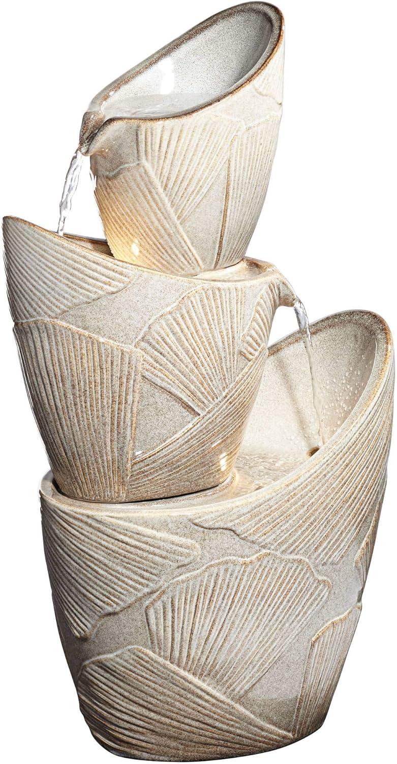 Ivory Trio Urn LED Cascading Rustic Outdoor Fountain