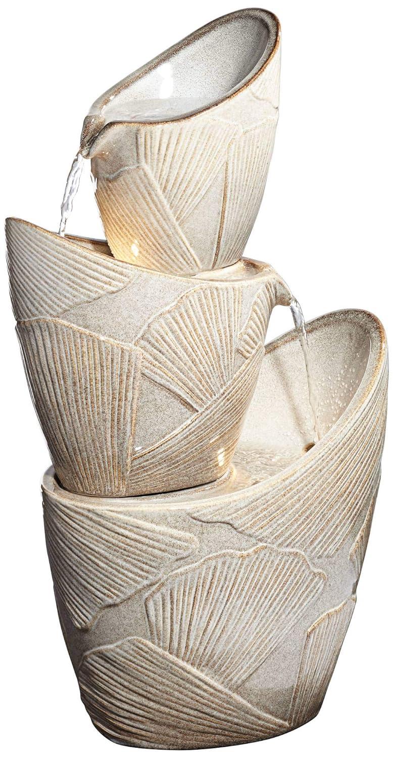 Three Urn 30" High Large Coastal Modern Indoor Outdoor Decor Faux Stone Floor Fountain with Light LED Cascading Outside Garden Patio