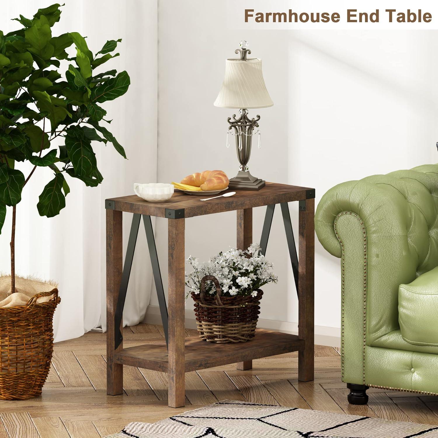 Gracie Oaks Farmhouse End Table For Small Spaces, Narrow Side End Table With Storage Shelf, Rustic A-Design Nightstand Sofa Table For Living Room, Bedroom 2 Pack