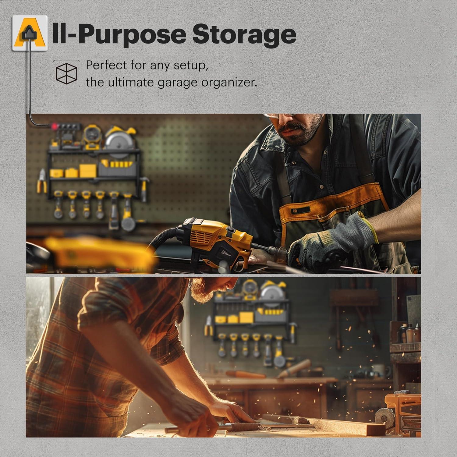 Spampur Power Tool Organizer Wall Mount with Charging Station, Garage Tool Shelf 6 Drill Holders, Tool Battery Holder with Plier holder Heavy Duty Rack, Tool Storage Rack with 4 Outlet Power Strip